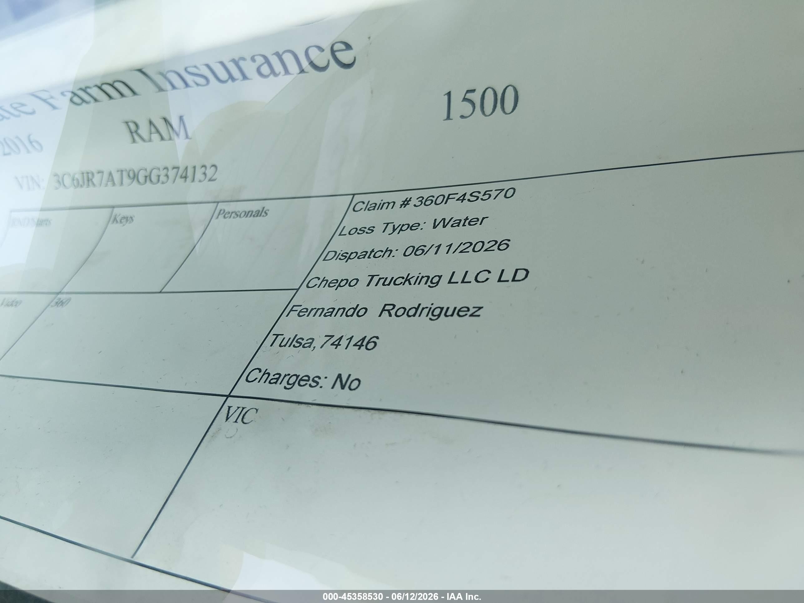 2016 Ram 1500 VIN 3C6JR7AT9GG374132 IAAI salvage auction — Water/Flood, Clear (Oklahoma), sold $1,250 on 2026-09-24 (photo 6)