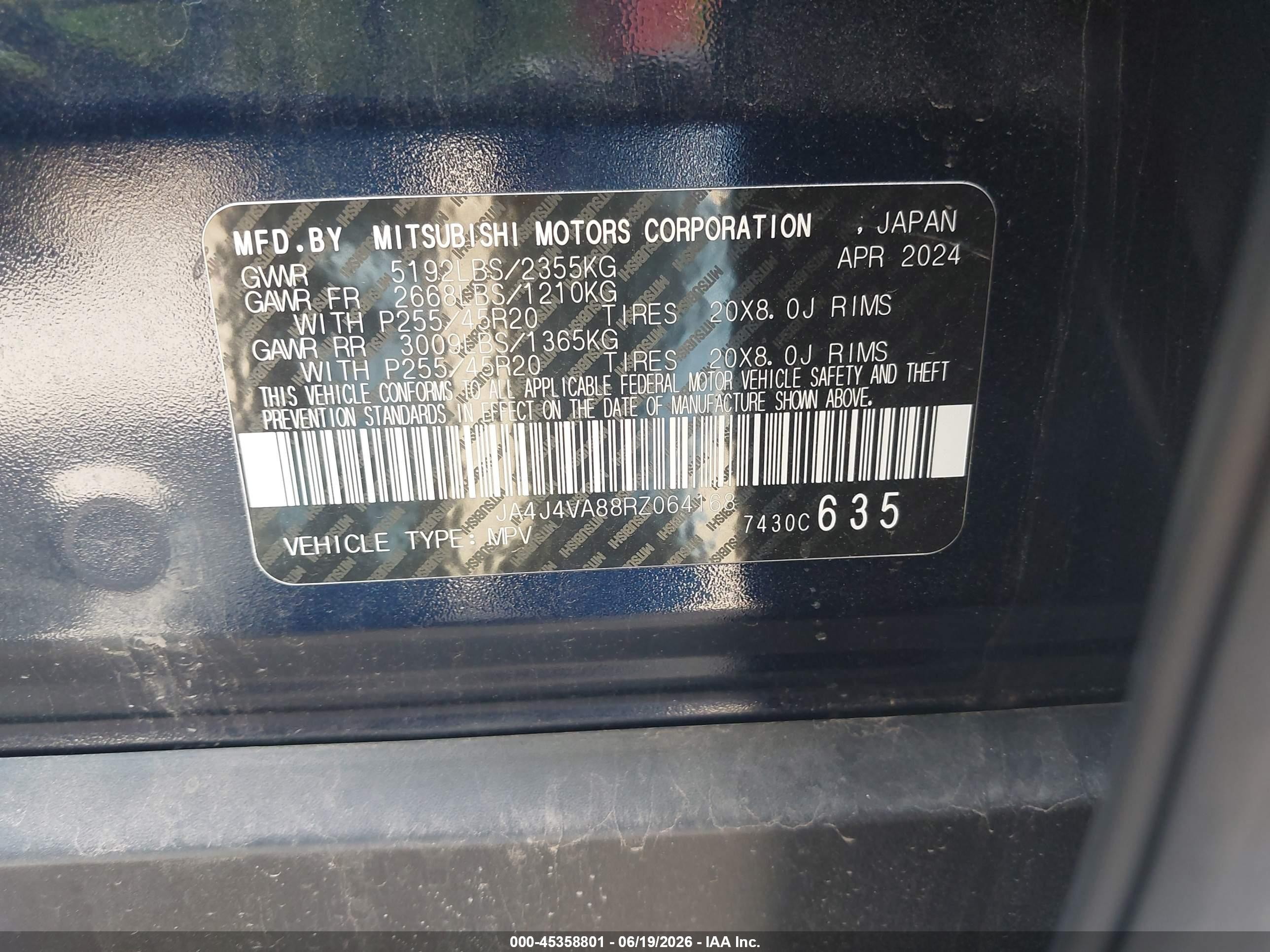 2024 Mitsubishi Outlander VIN JA4J4VA88RZ064168 IAAI salvage auction — Front End, Wait Title, sold $8,775 on 2026-09-17 (photo 9)