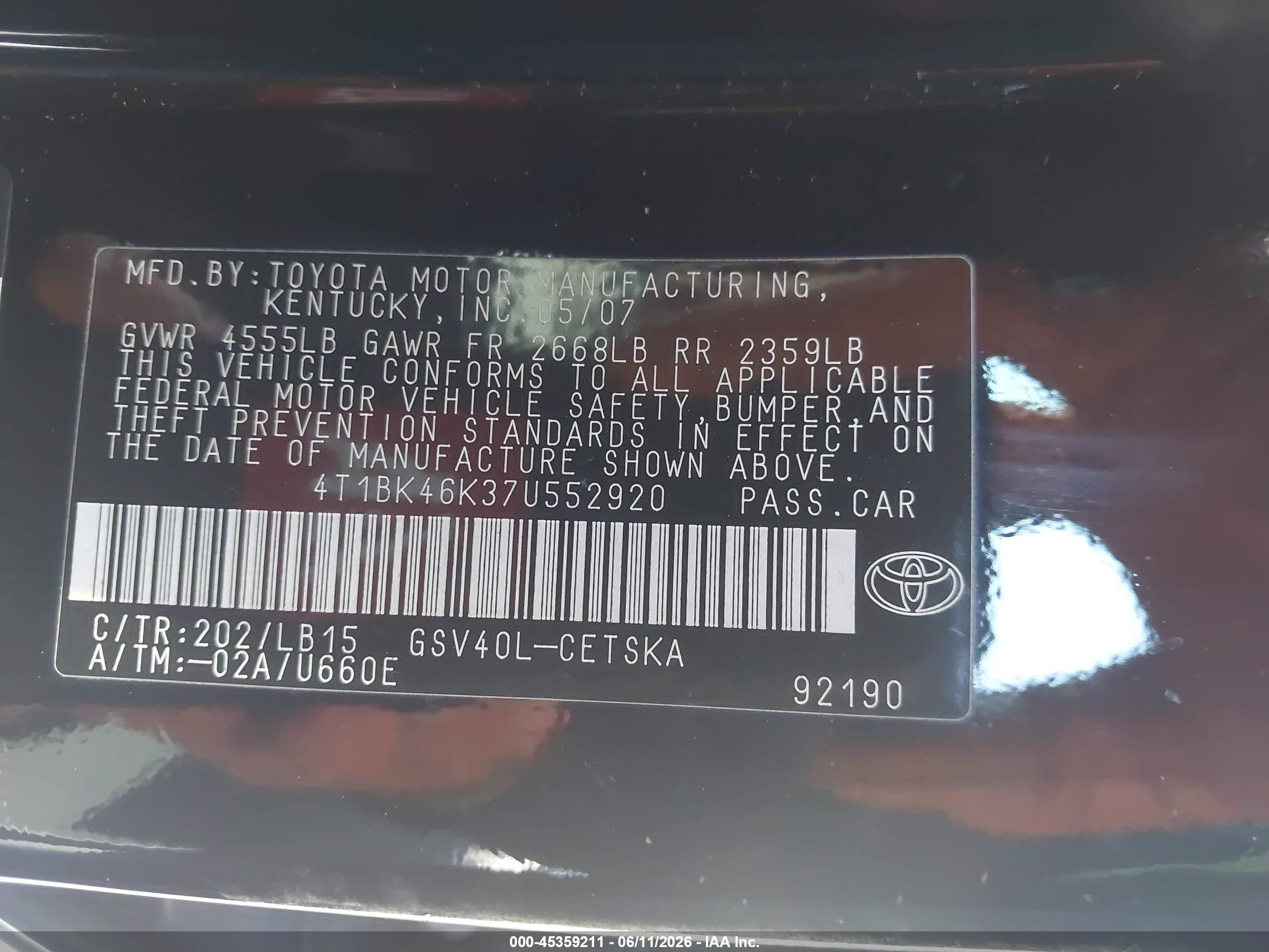 2007 Toyota Camry VIN 4T1BK46K37U552920 IAAI salvage auction — Normal Wear, Clear - Dealer Only (California), sold $700 on 2026-07-02 (photo 9)