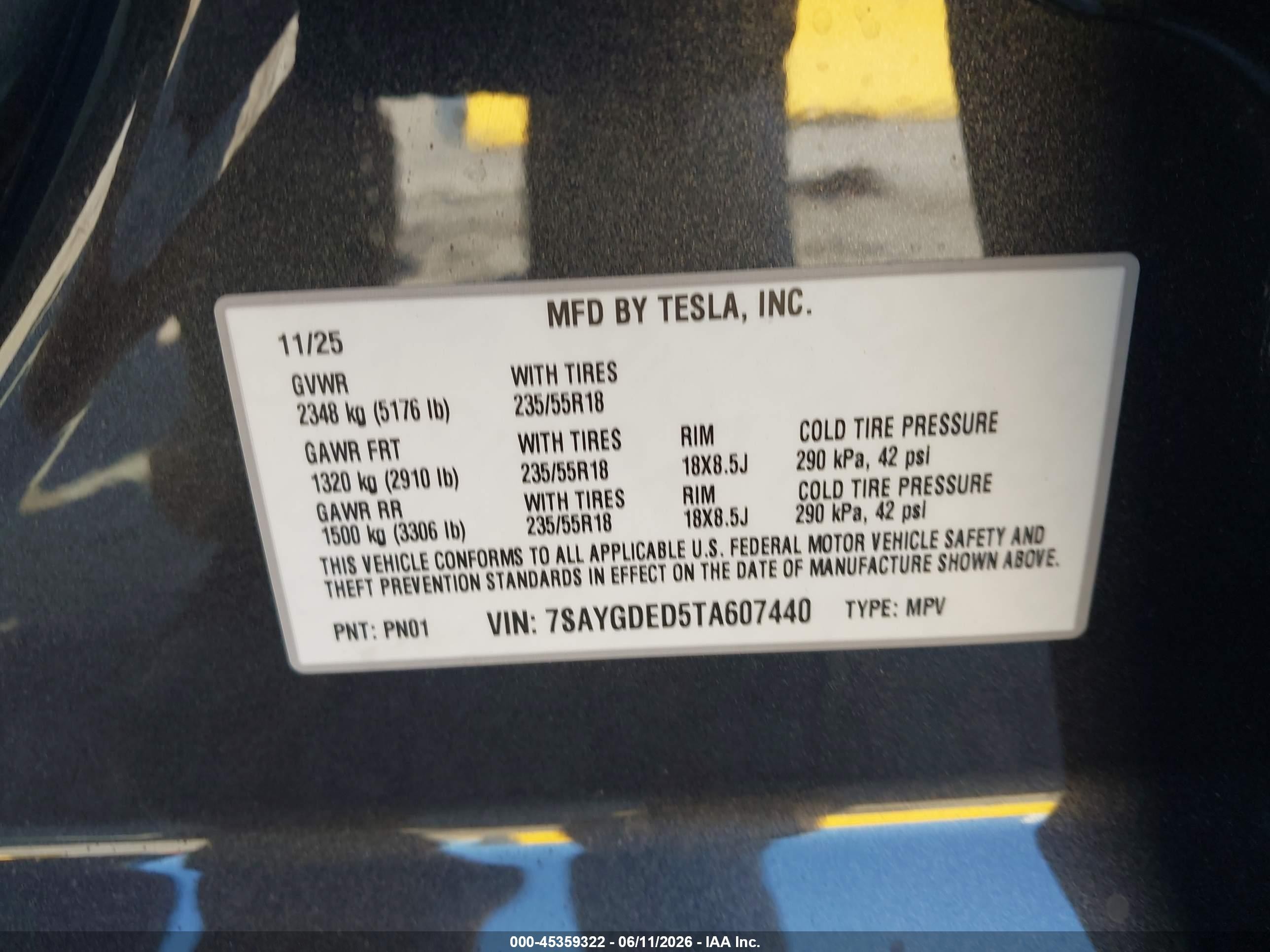 2026 Tesla Model Y VIN 7SAYGDED5TA607440 IAAI salvage auction — Rear End, Salvage (California), sold $17,550 on 2026-07-09 (photo 9)