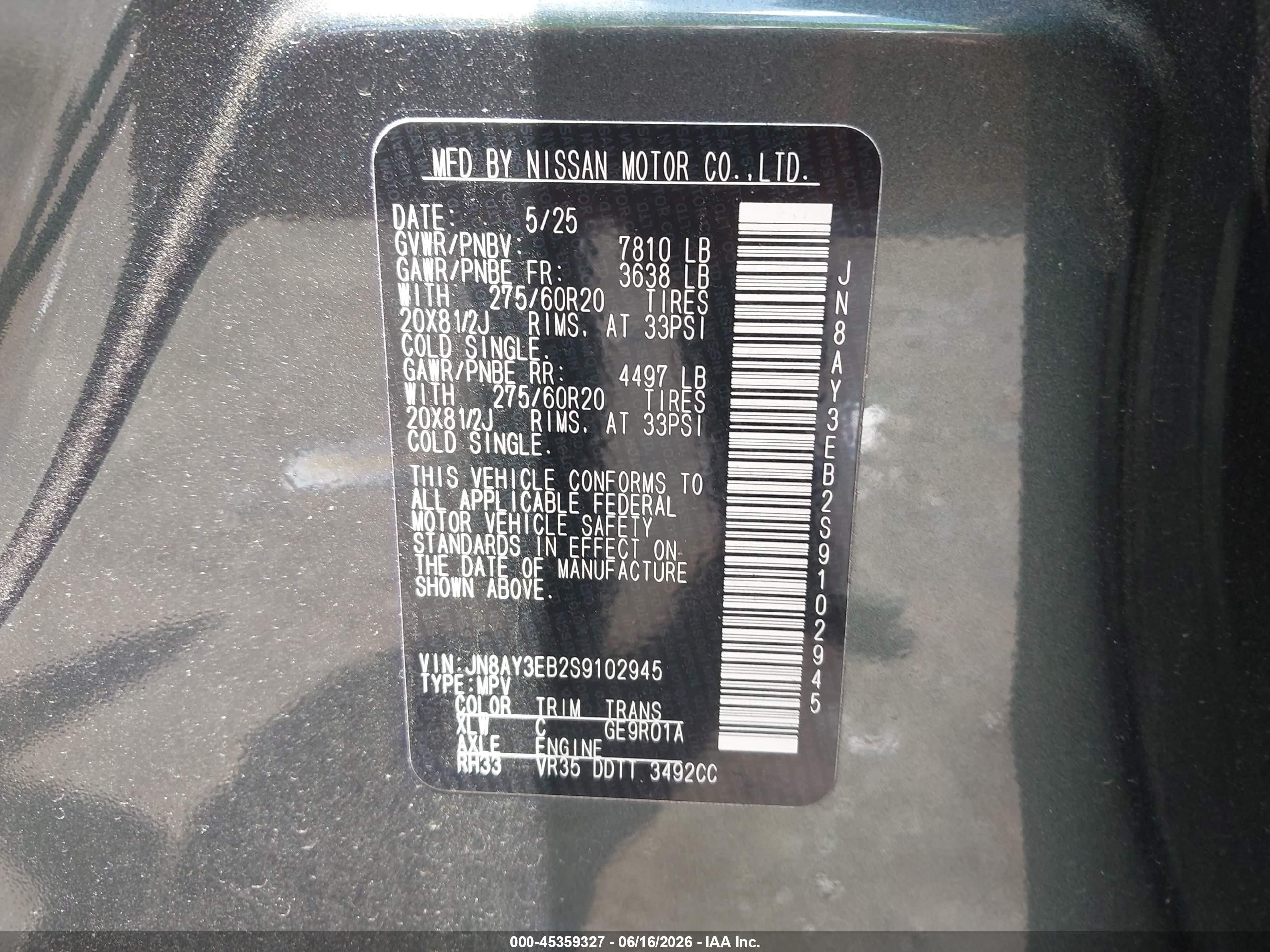 2025 Nissan Armada VIN JN8AY3EB2S9102945 IAAI salvage auction — Top/Roof, Salvage (Tennessee), sold $38,000 on 2026-07-09 (photo 9)