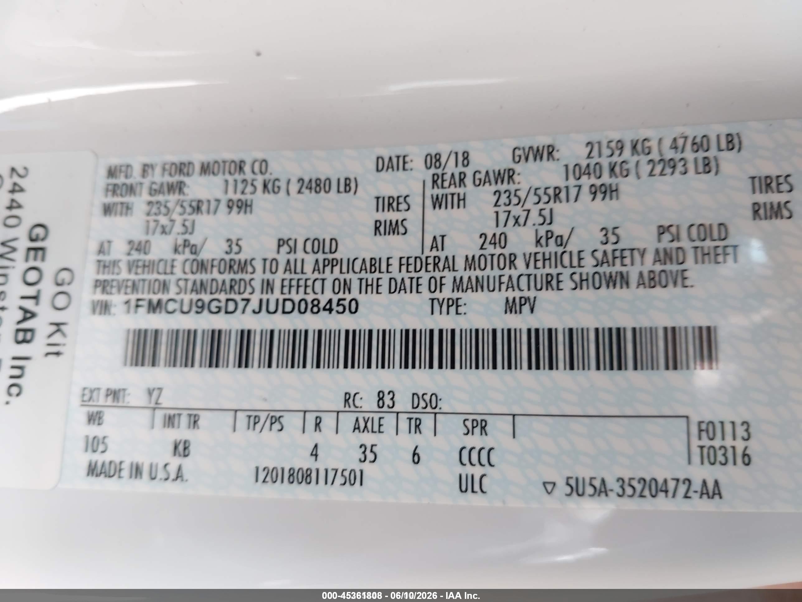 2018 Ford Escape VIN 1FMCU9GD7JUD08450 IAAI salvage auction — Normal Wear, SF97 (Illinois), sold $4,750 on 2026-07-09 (photo 9)