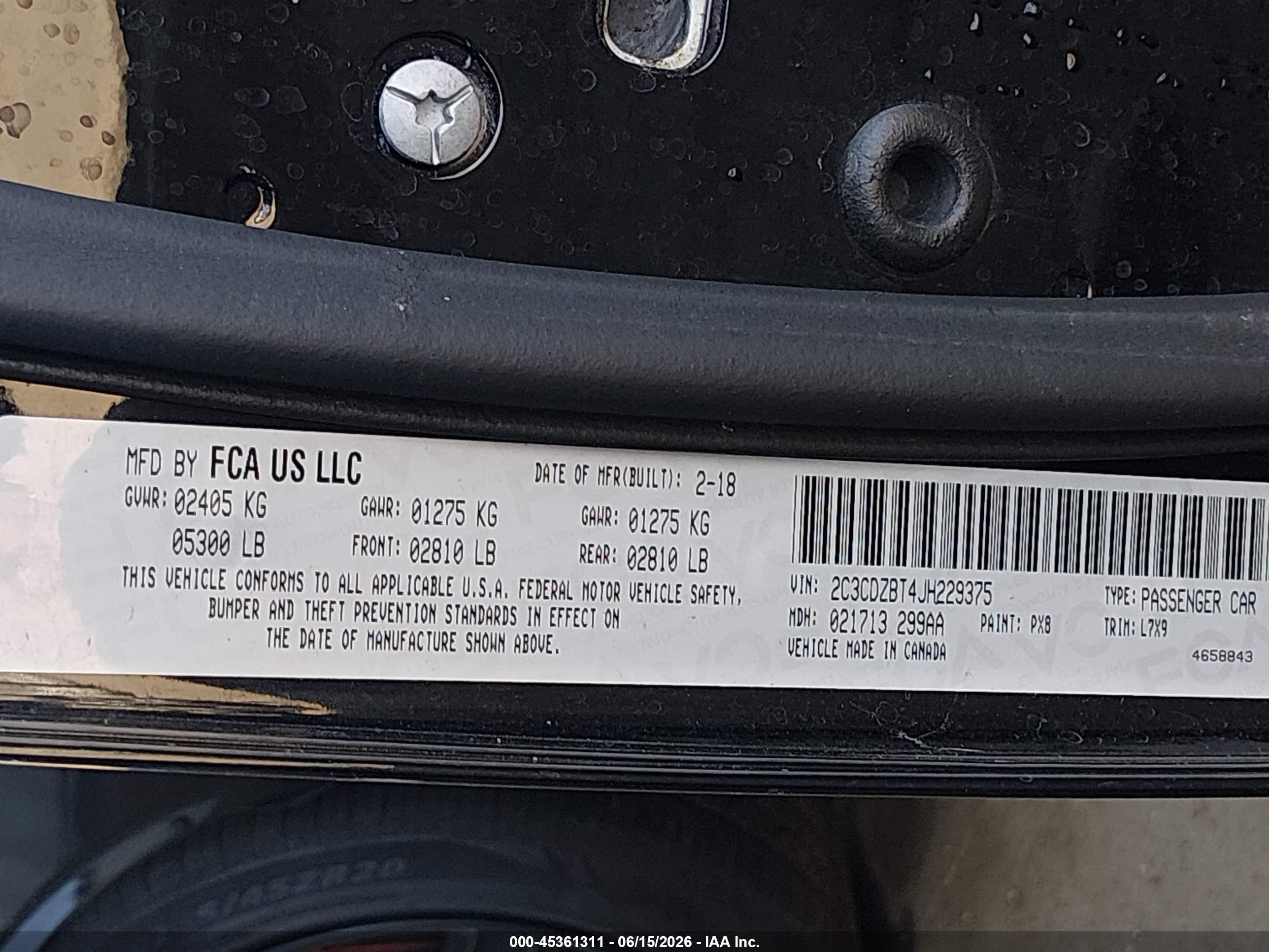 2018 Dodge Challenger VIN 2C3CDZBT4JH229375 IAAI salvage auction — Front End, Salvage (California), sold $4,100 on 2026-07-10 (photo 9)