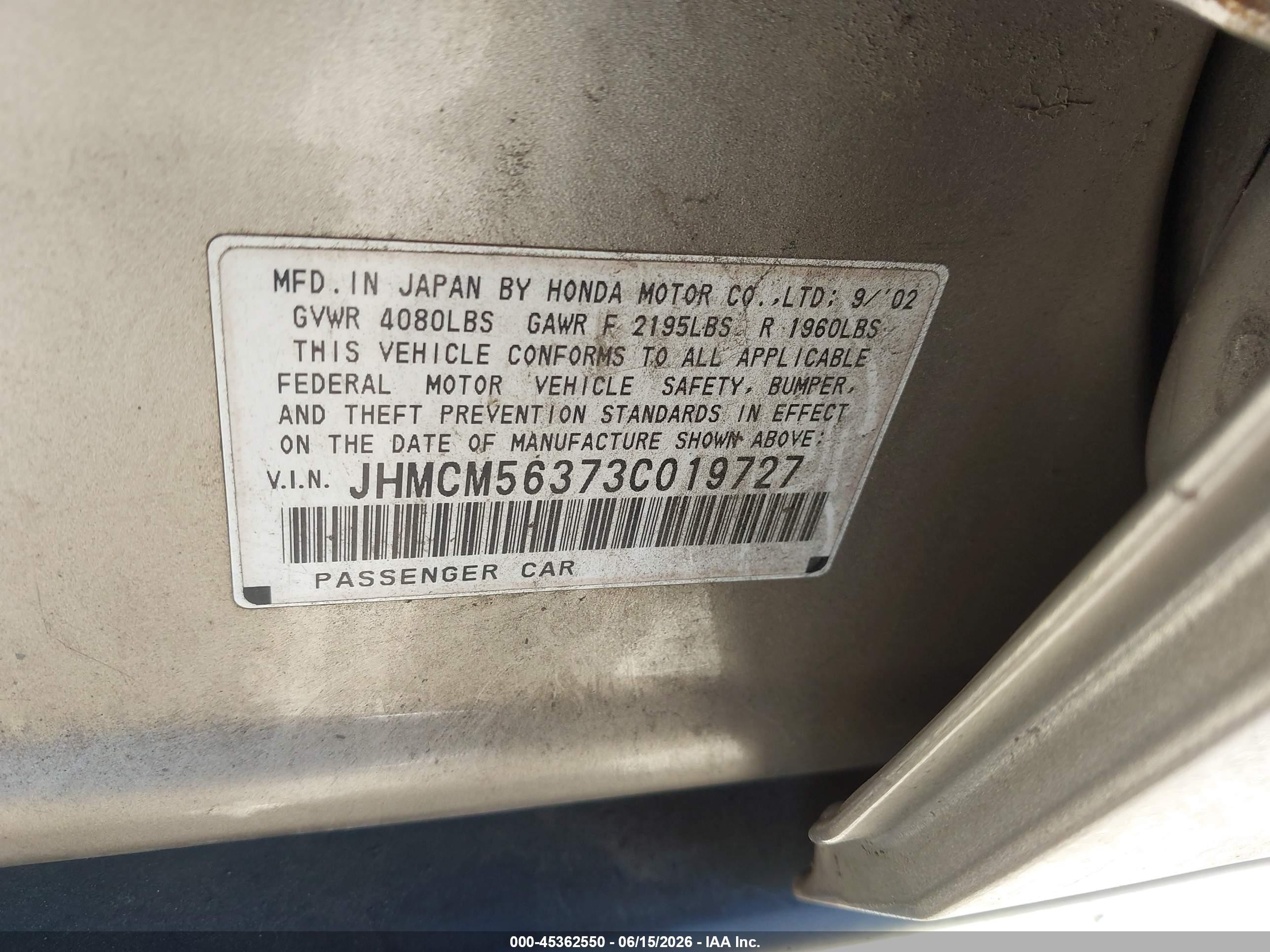 2003 Honda Accord VIN JHMCM56373C019727 IAAI salvage auction — Unknown, Salvage (California), sold $525 on 2026-07-09 (photo 9)