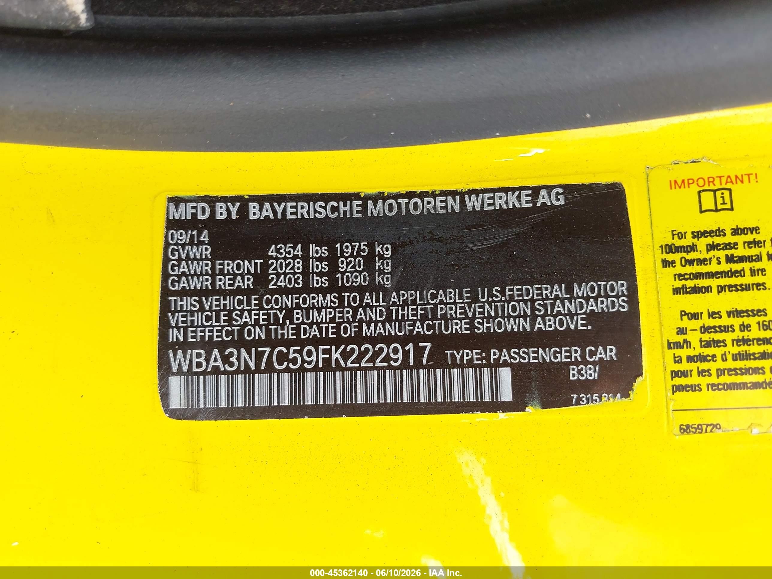 2015 BMW 4er VIN WBA3N7C59FK222917 IAAI salvage auction — Normal Wear, Salvage (Texas), sold $450 on 2026-09-02 (photo 9)