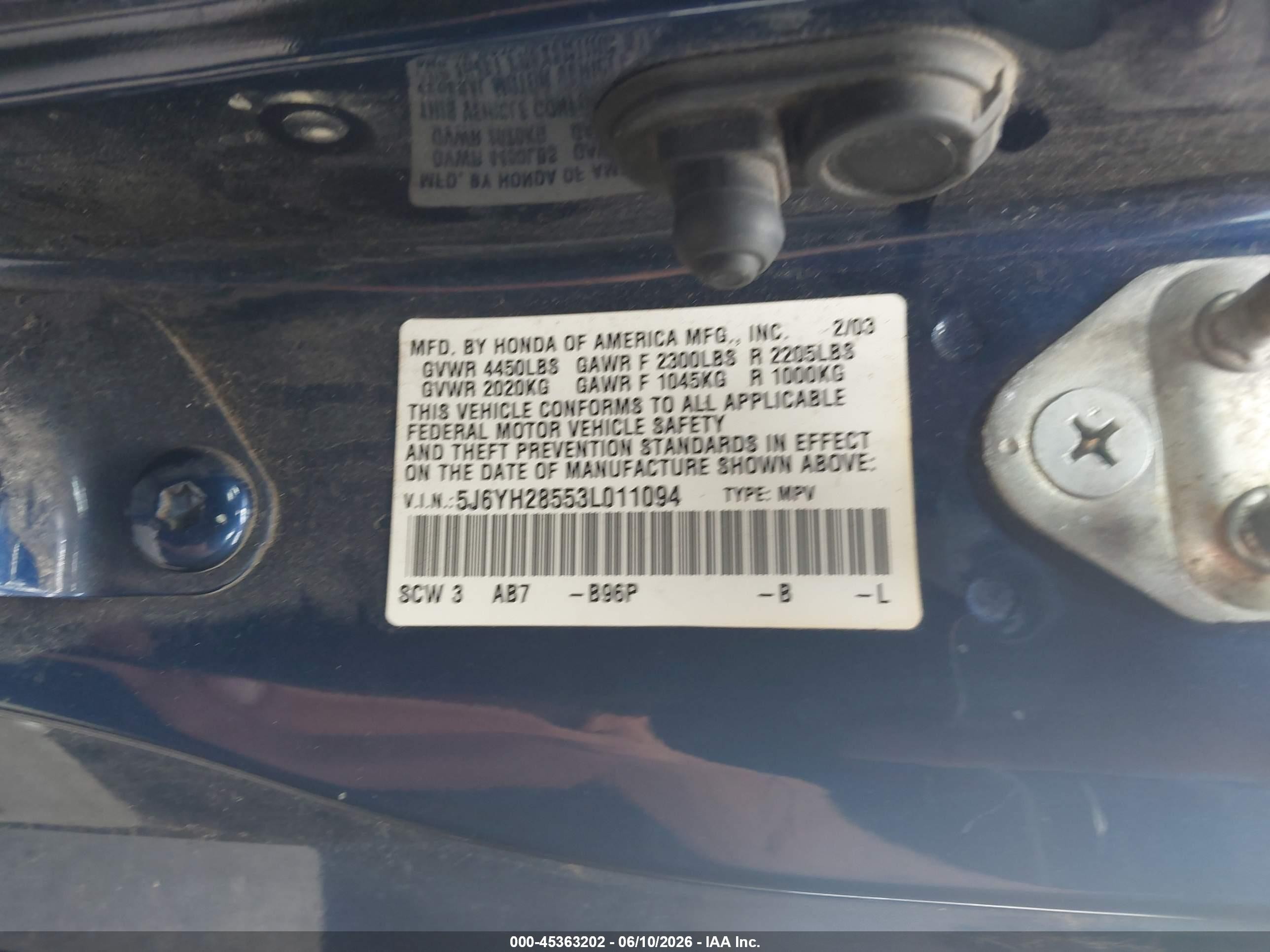 2003 Honda Element VIN 5J6YH28553L011094 IAAI salvage auction — Normal Wear, Clear-Dealer Only (Oregon), sold $100 on 2026-07-09 (photo 9)