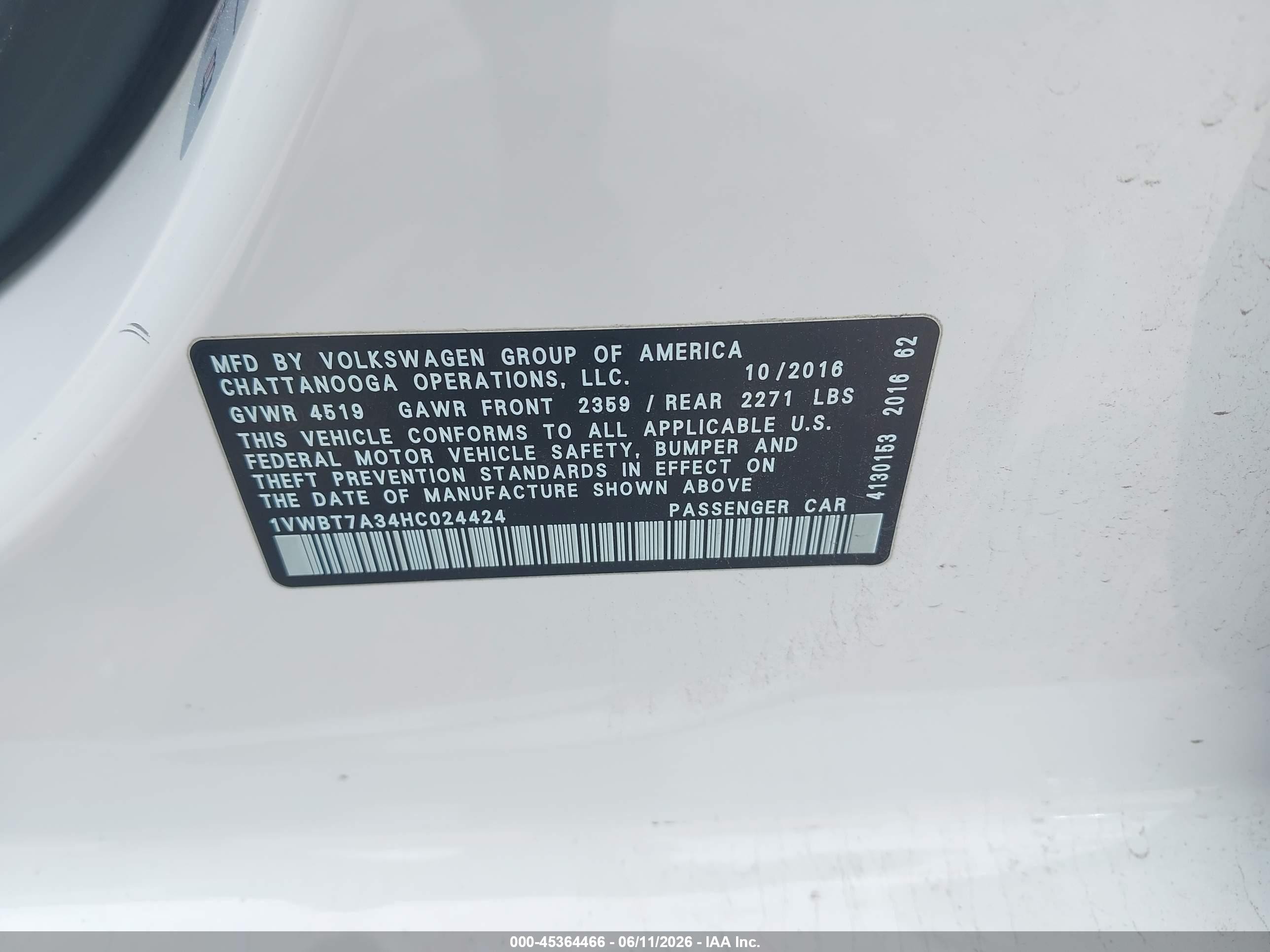 2017 Volkswagen Passat VIN 1VWBT7A34HC024424 IAAI salvage auction — Front End, Original (Texas), sold $2,400 on 2026-09-11 (photo 9)