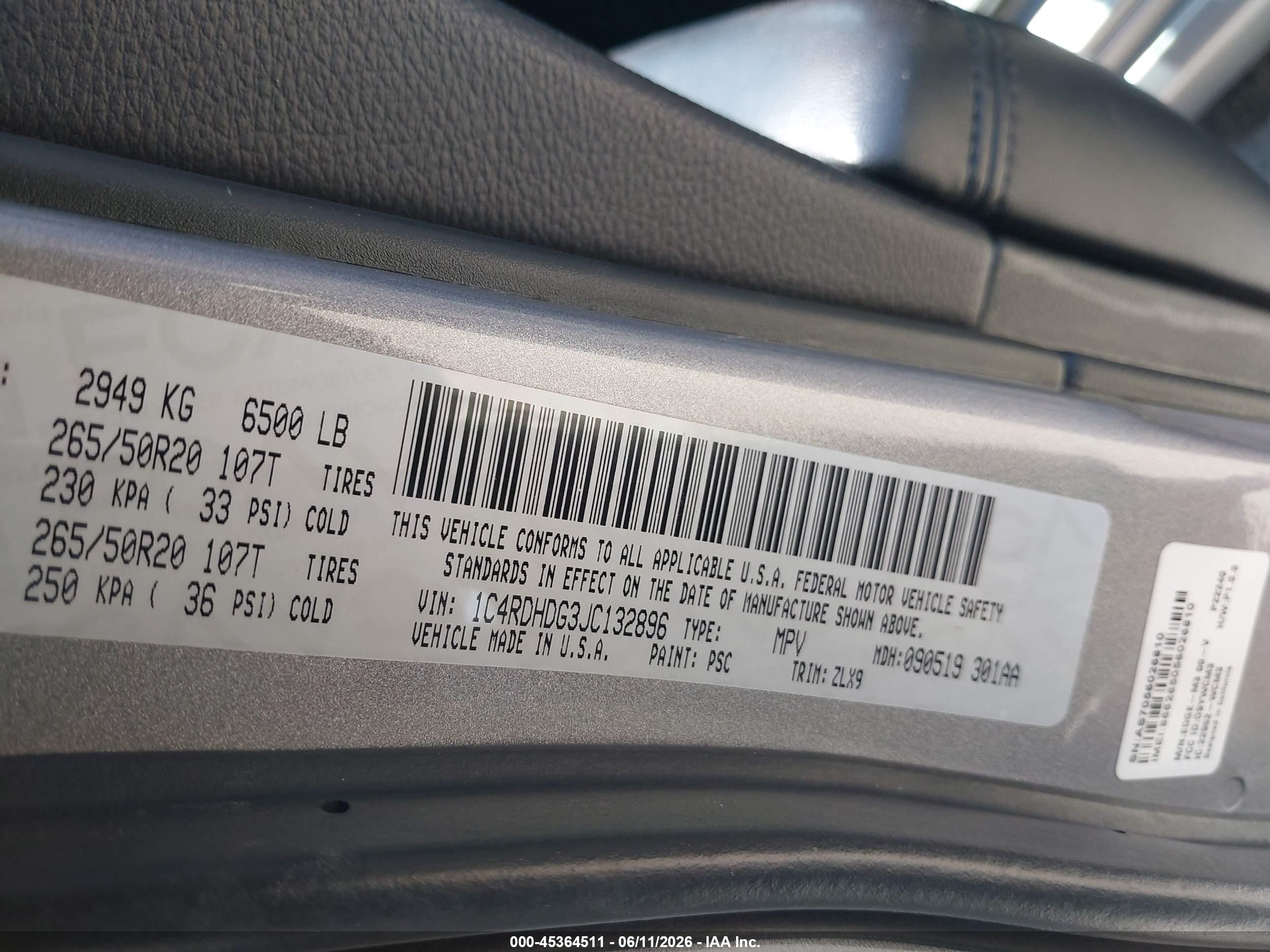 2018 Dodge Durango VIN 1C4RDHDG3JC132896 IAAI salvage auction — Rear End, Salvage (California), sold $3,050 on 2026-07-11 (photo 9)