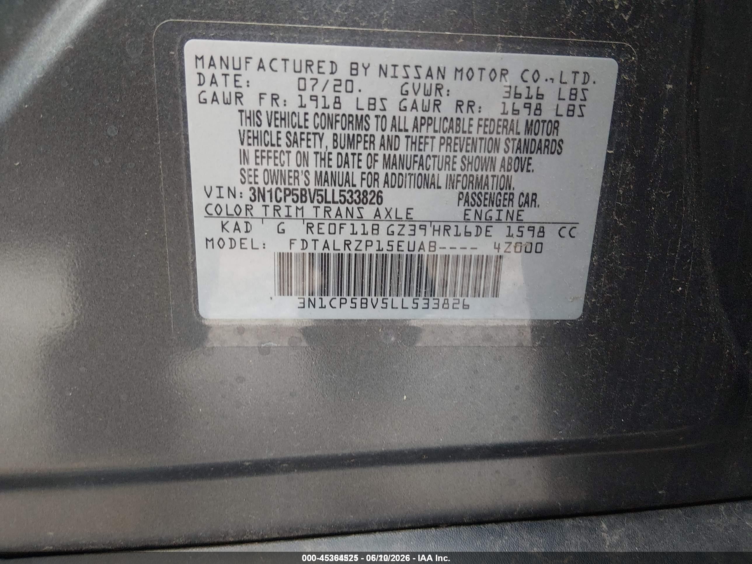 2020 Nissan Kicks VIN 3N1CP5BV5LL533826 IAAI salvage auction — Normal Wear, SF97 (Illinois), sold $10,775 on 2026-07-09 (photo 9)