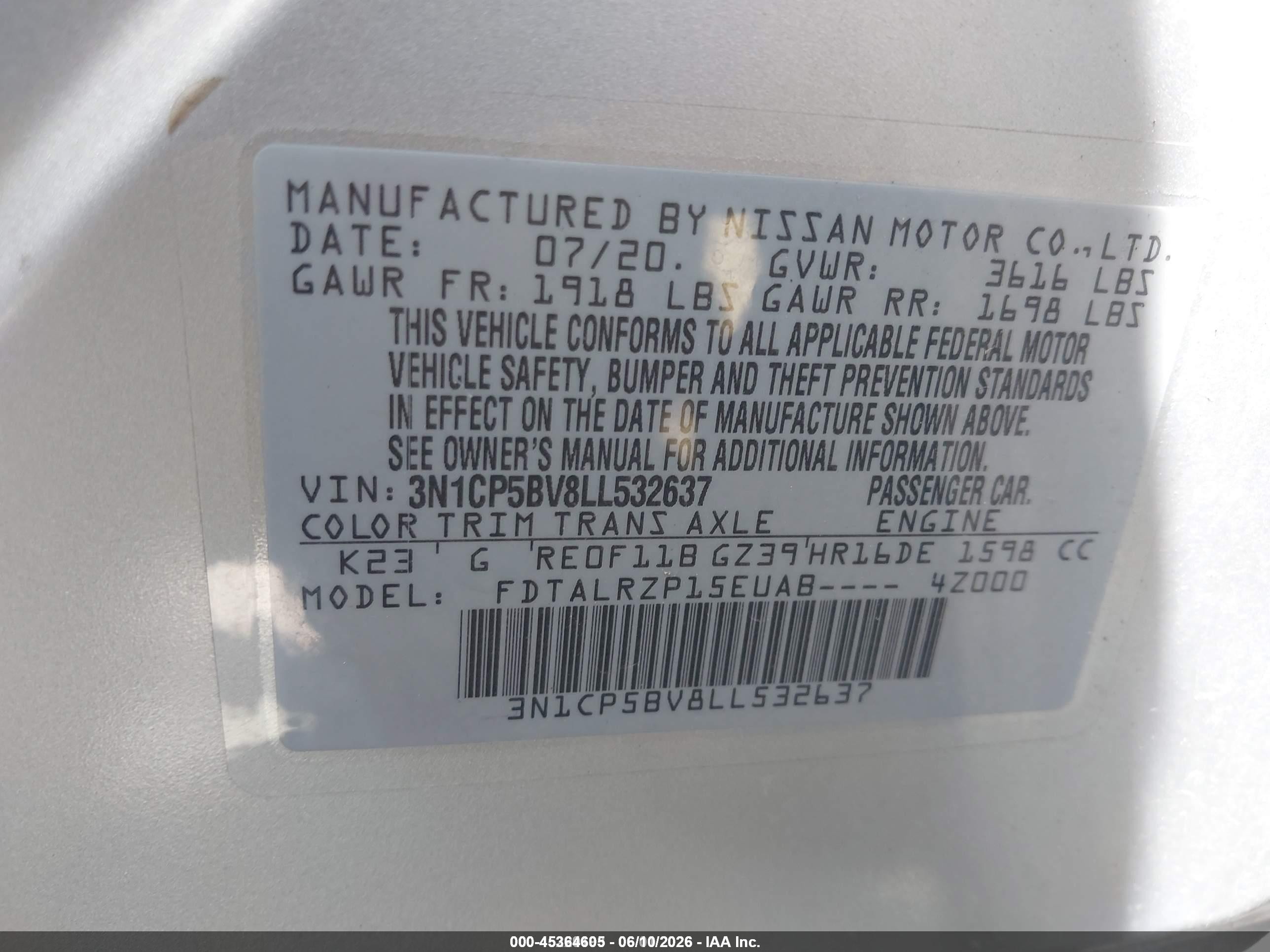 2020 Nissan Kicks VIN 3N1CP5BV8LL532637 IAAI salvage auction — Normal Wear, SF97 (Illinois), sold $9,550 on 2026-07-09 (photo 9)