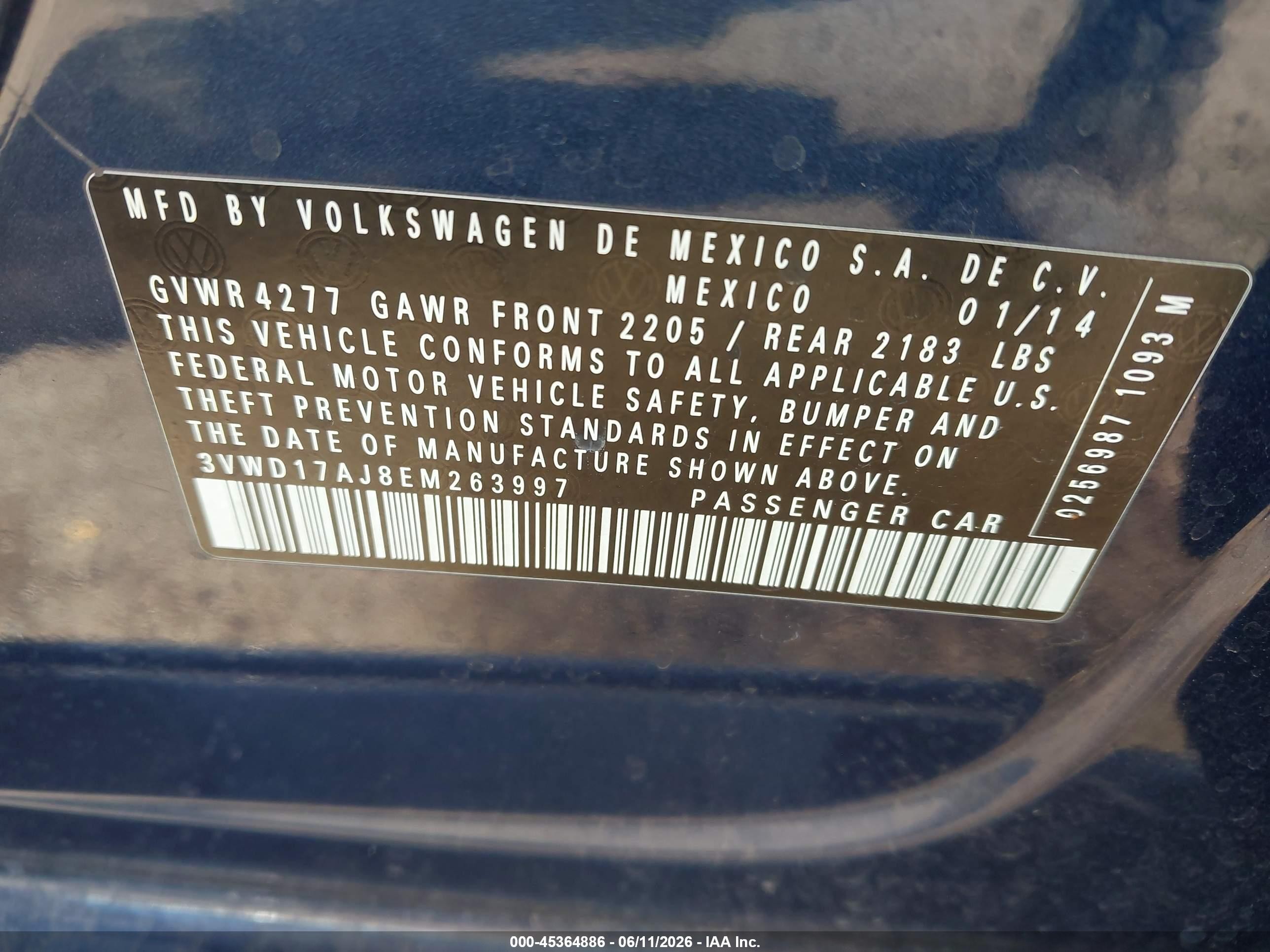 2014 Volkswagen Jetta VIN 3VWD17AJ8EM263997 IAAI salvage auction — Undercarriage, Salvage (Arizona), sold $550 on 2026-07-09 (photo 9)