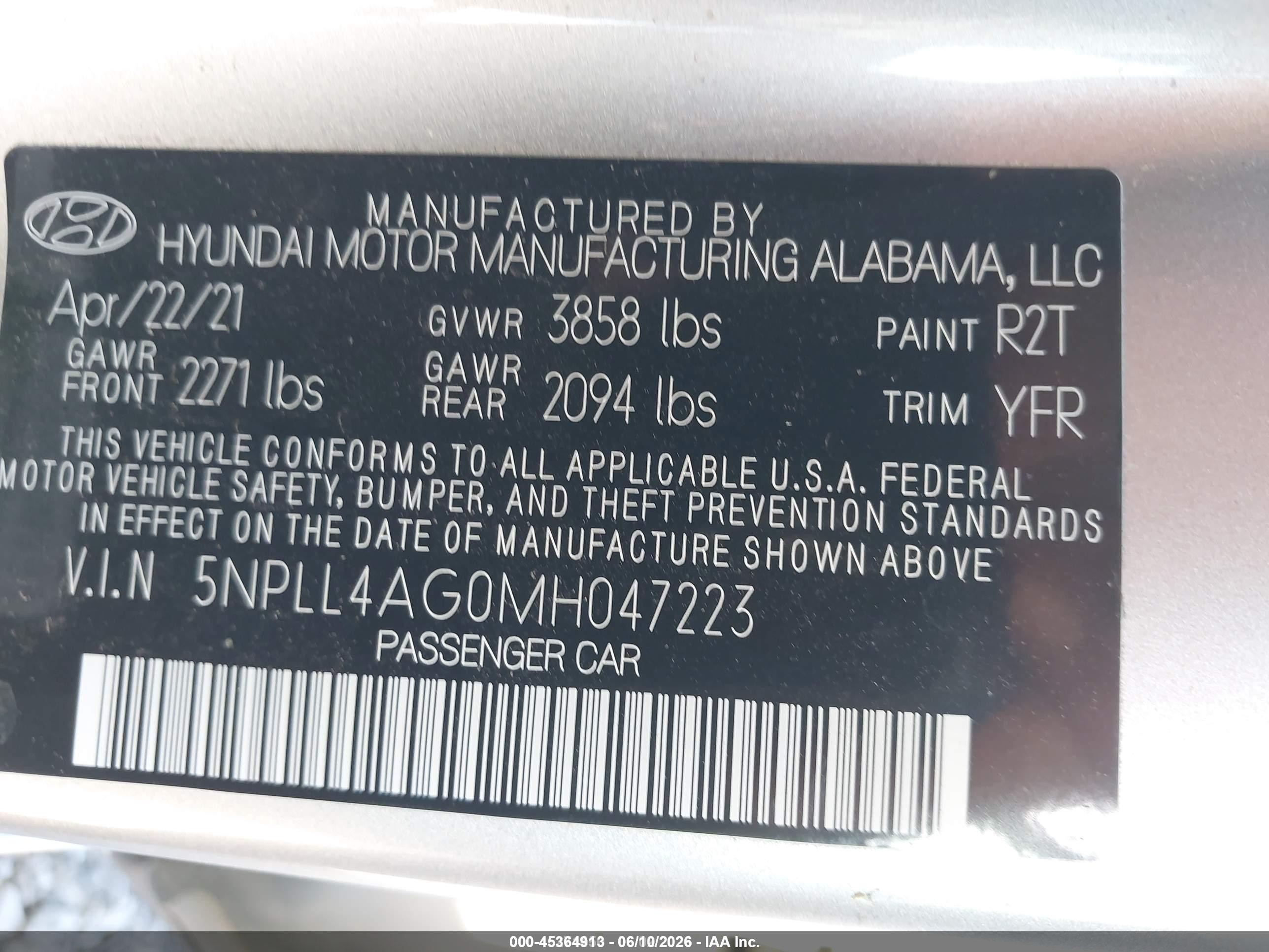 2021 Hyundai Elantra VIN 5NPLL4AG0MH047223 IAAI salvage auction — Normal Wear, SF97 (Illinois), sold $15,775 on 2026-07-09 (photo 9)
