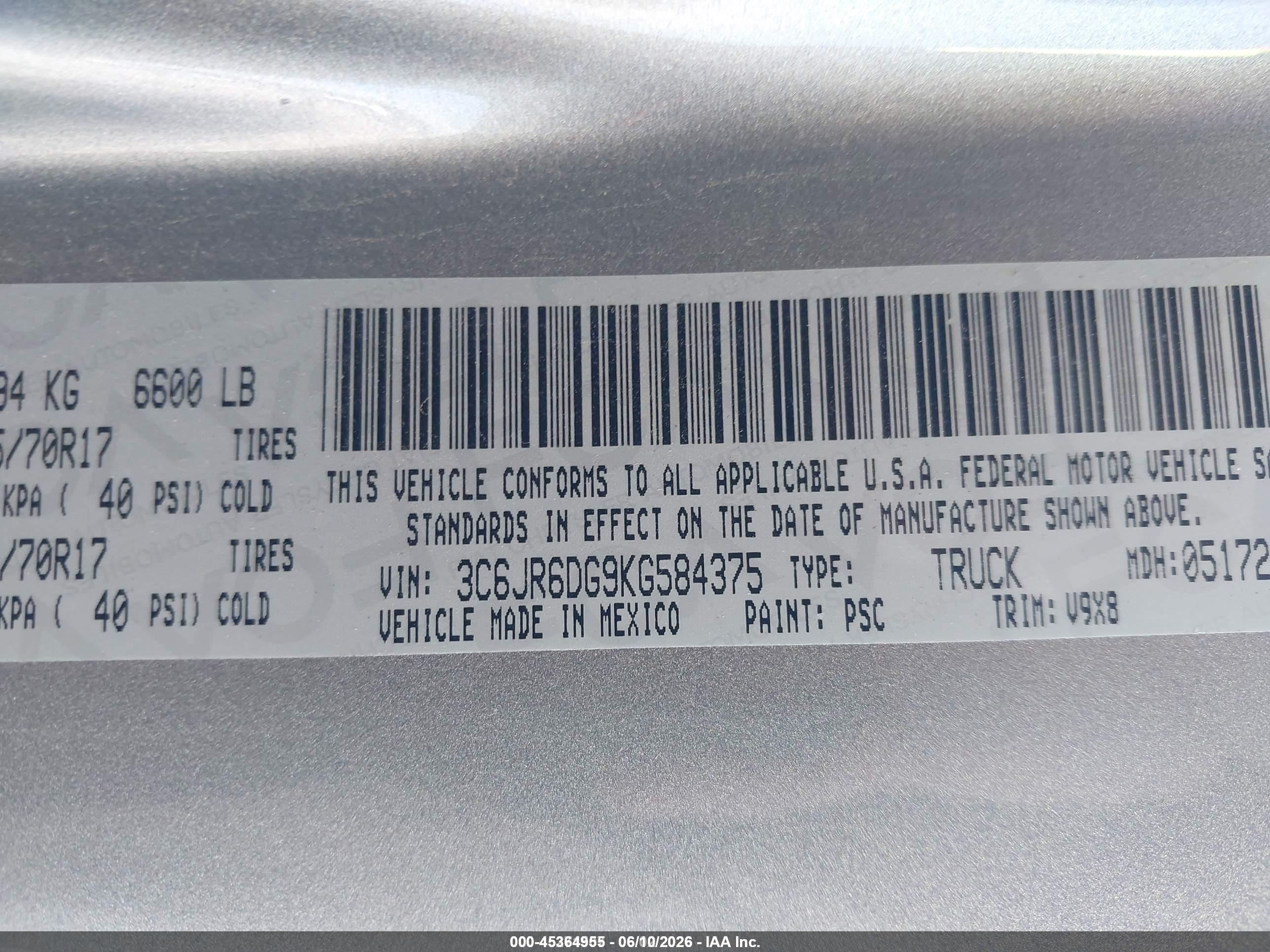 2019 Ram 1500 VIN 3C6JR6DG9KG584375 IAAI salvage auction — Rear End, SF97 (Illinois), sold $12,550 on 2026-07-09 (photo 9)