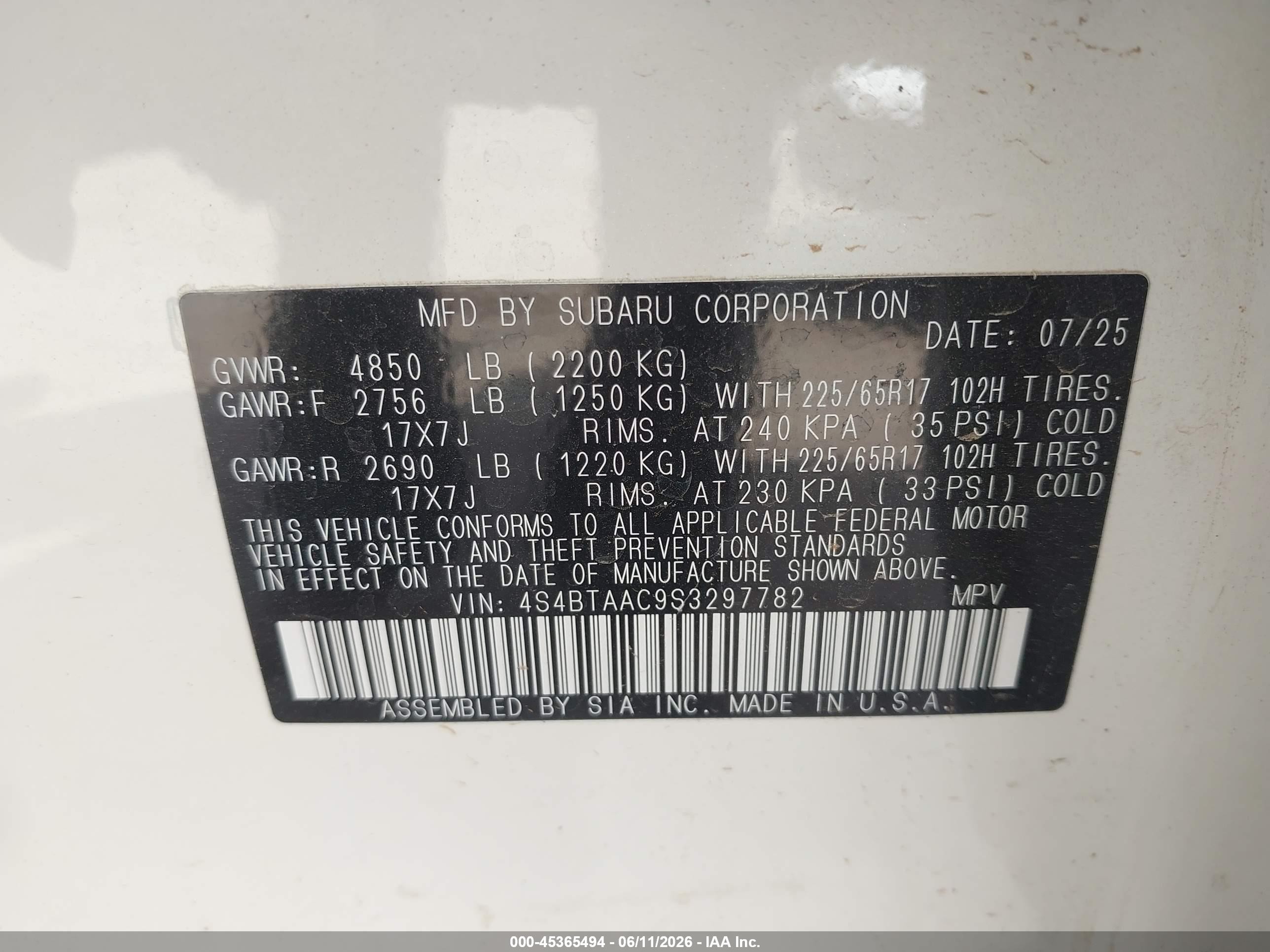 2025 Subaru Outback VIN 4S4BTAAC9S3297782 IAAI salvage auction — Side, Original (Texas), sold $13,300 on 2026-09-09 (photo 9)