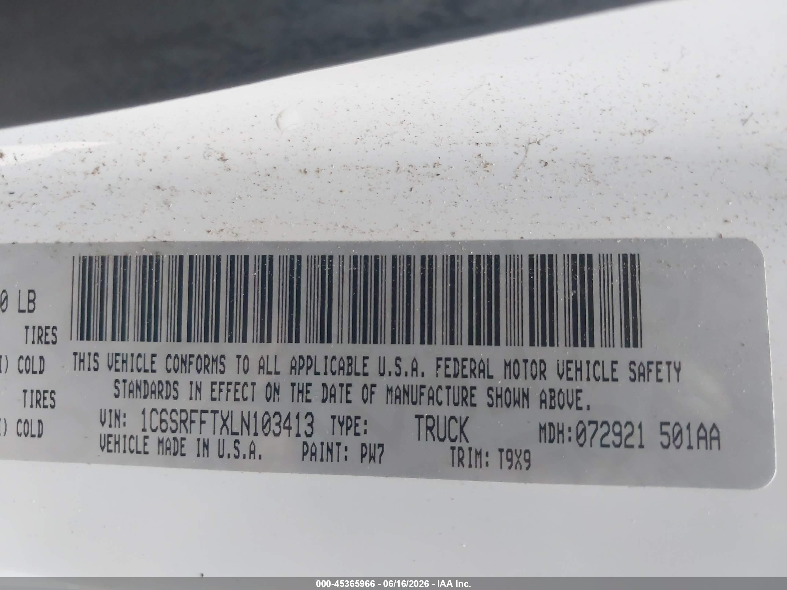 2020 Ram 1500 VIN 1C6SRFFTXLN103413 IAAI salvage auction — Side, Original (Texas), sold $7,000 on 2026-09-13 (photo 9)