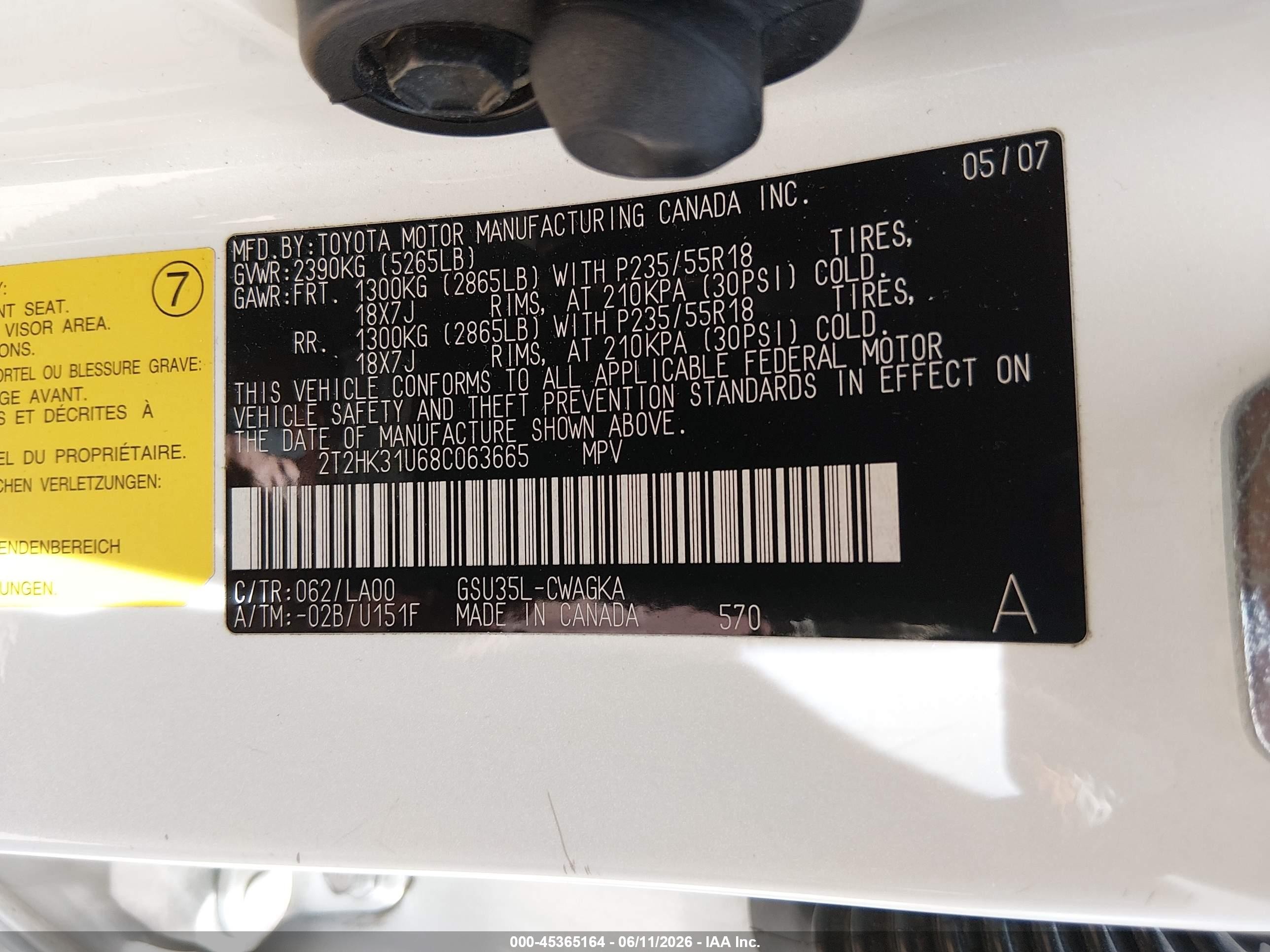 2008 Lexus RX 350 VIN 2T2HK31U68C063665 IAAI salvage auction — Side, Salvage (Arizona), sold $1,725 on 2026-07-09 (photo 9)