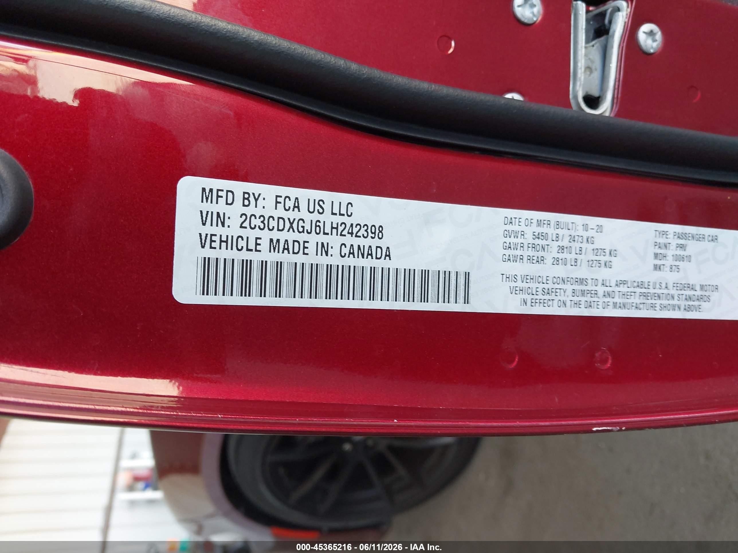 2020 Dodge Charger VIN 2C3CDXGJ6LH242398 IAAI salvage auction — Side, Salvage (California), sold $8,050 on 2026-07-09 (photo 9)