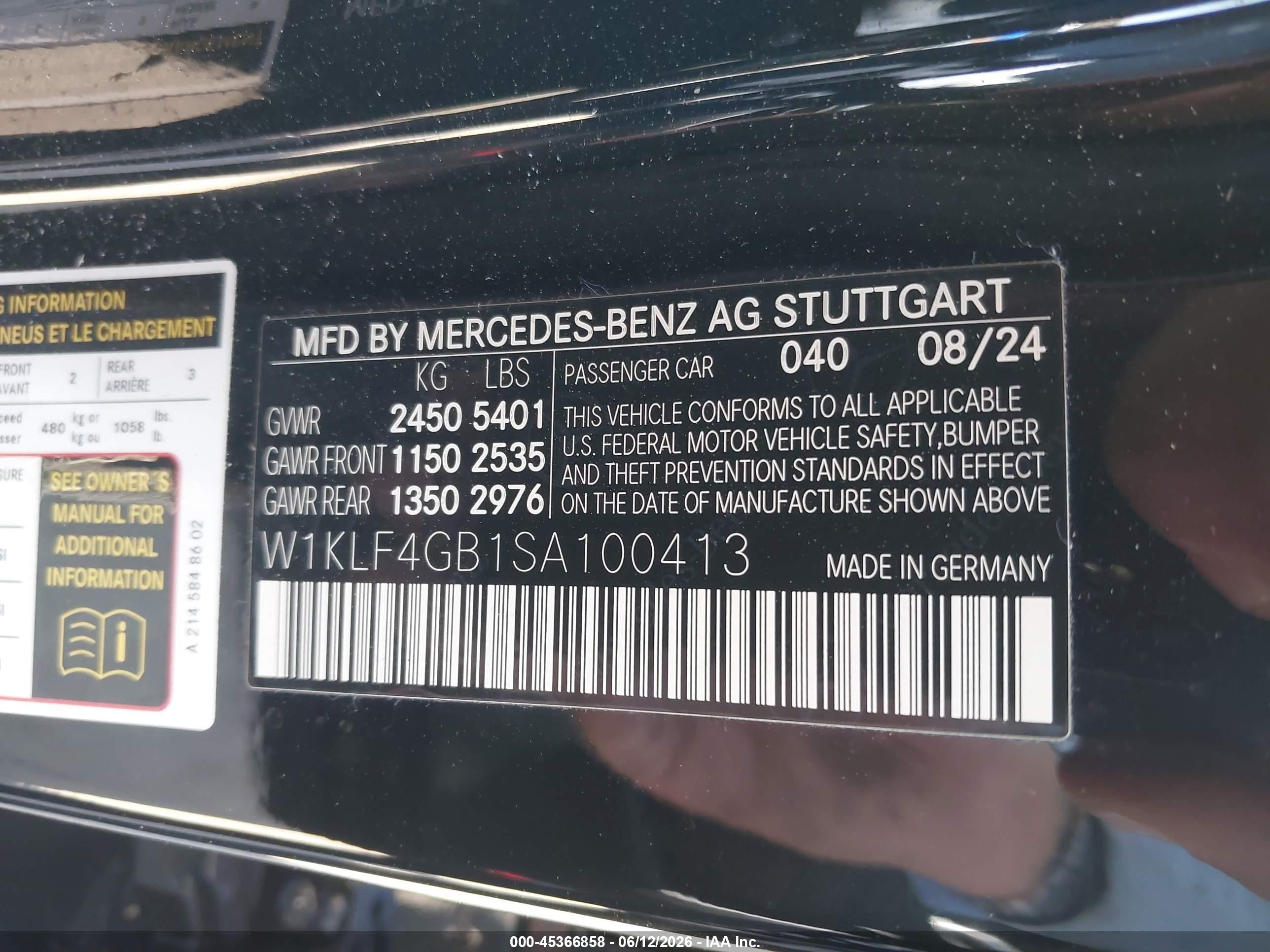 2025 Mercedes-Benz E-Class VIN W1KLF4GB1SA100413 IAAI salvage auction — Front & Rear, Salvage (California), sold $26,000 on 2026-08-21 (photo 9)