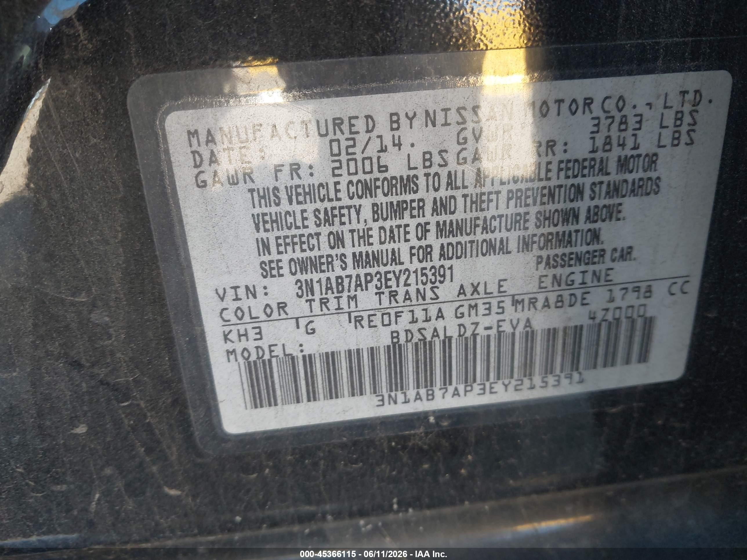 2014 Nissan Sentra VIN 3N1AB7AP3EY215391 IAAI salvage auction — Normal Wear, Clear - Dealer Only (California), sold $550 on 2026-07-09 (photo 9)