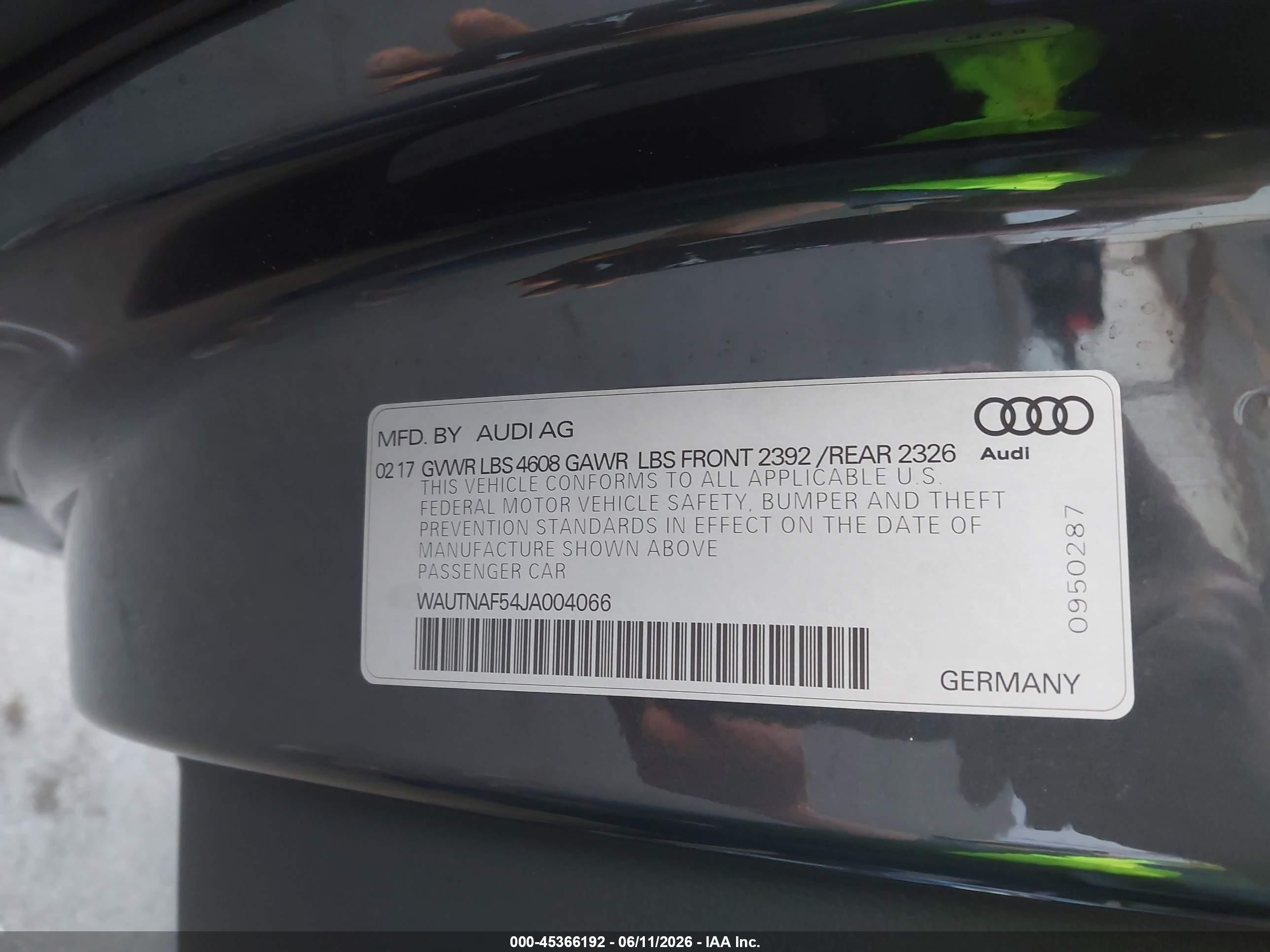 2018 Audi A5 VIN WAUTNAF54JA004066 IAAI salvage auction — Rear End, Salvage (California), sold $6,150 on 2026-07-09 (photo 9)