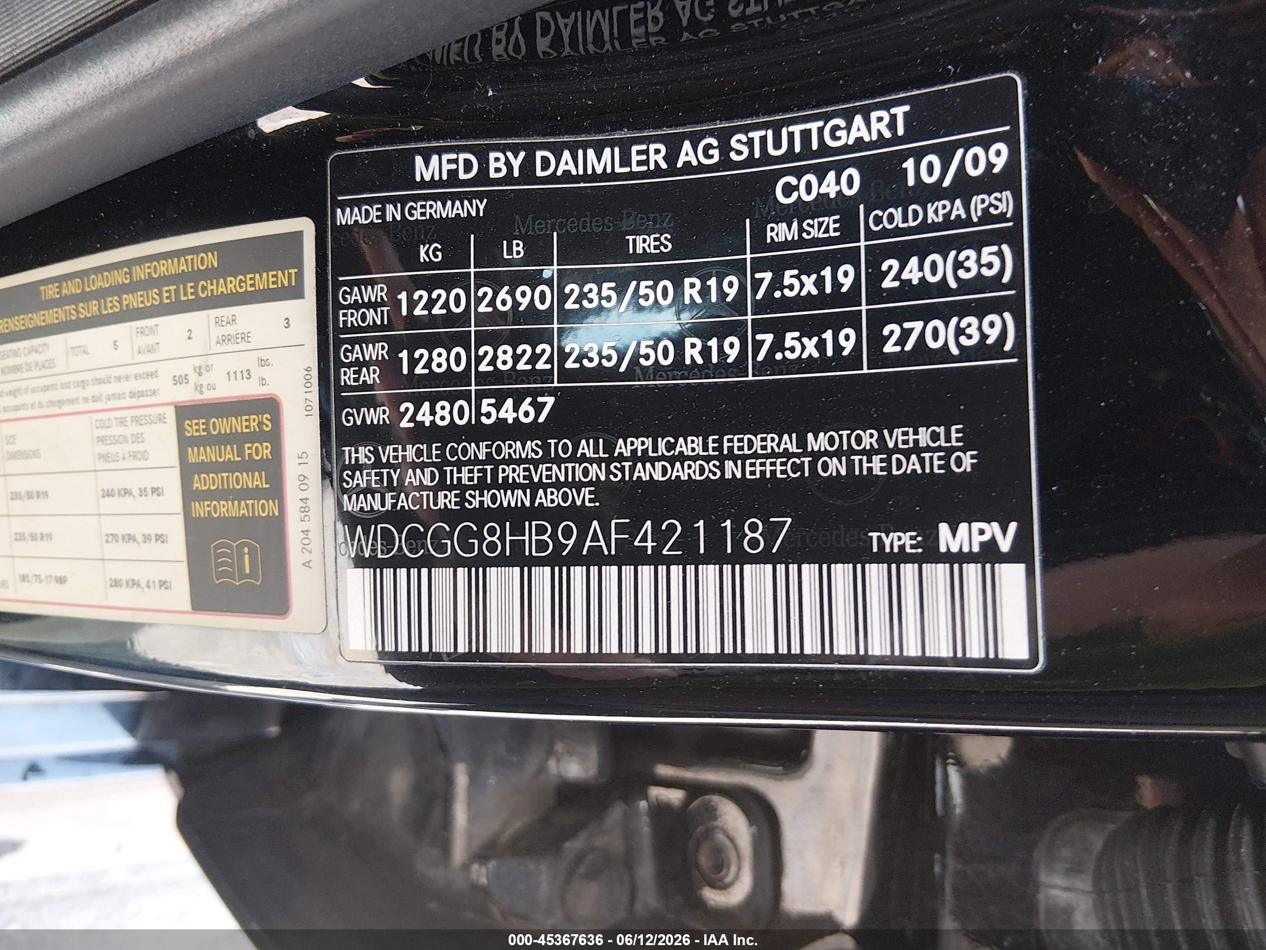 2010 Mercedes-Benz GLK-Class VIN WDCGG8HB9AF421187 IAAI salvage auction — Front End, Salvage - Greater Than 75% (Maryland), sold $1,050 on 2026-07-11 (photo 9)