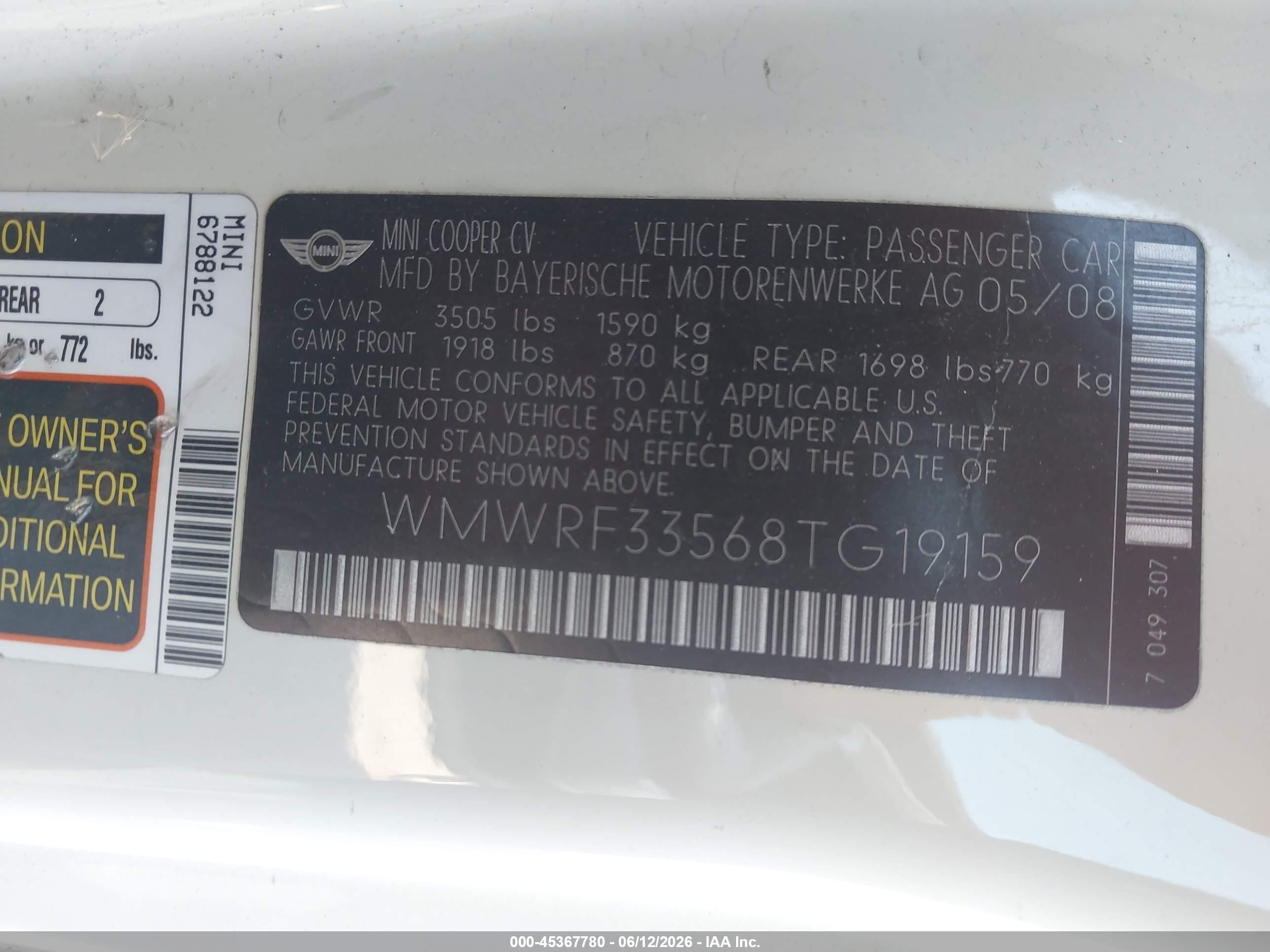 2008 Mini Cooper VIN WMWRF33568TG19159 IAAI salvage auction — Normal Wear, App For Dup Clear (California), sold $350 on 2026-07-09 (photo 9)