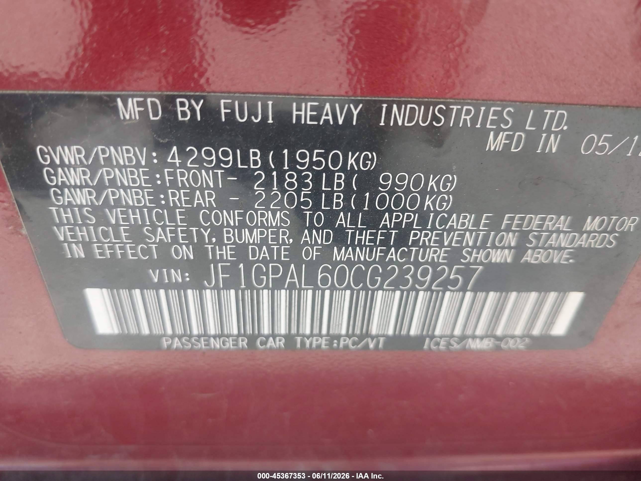 2012 Subaru Impreza VIN JF1GPAL60CG239257 IAAI salvage auction — Normal Wear, Clear (Utah), sold $300 on 2026-07-09 (photo 9)