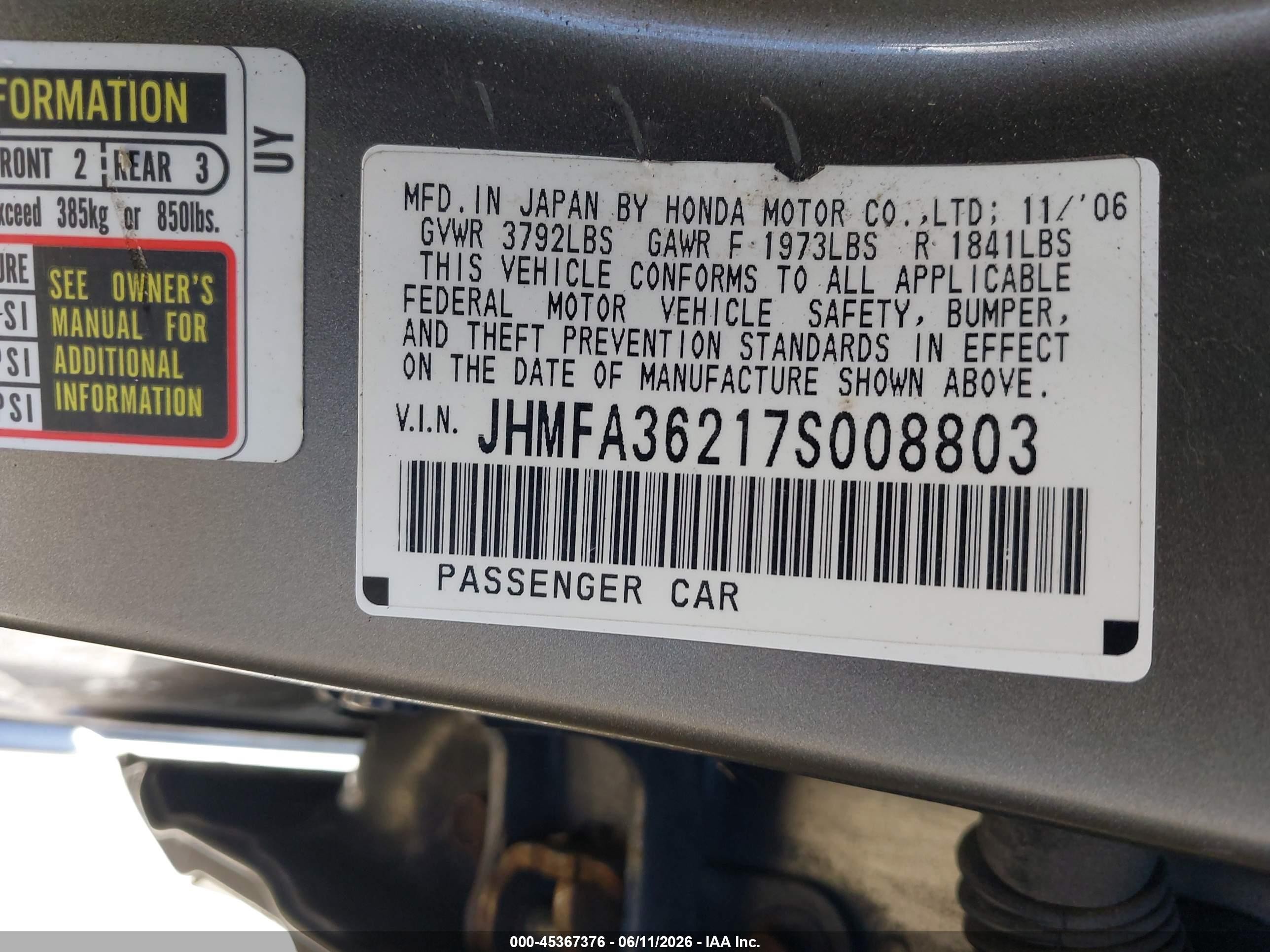 2007 Honda Civic Hybrid VIN JHMFA36217S008803 IAAI salvage auction — Normal Wear, Clear (New Jersey), sold $400 on 2026-07-09 (photo 9)