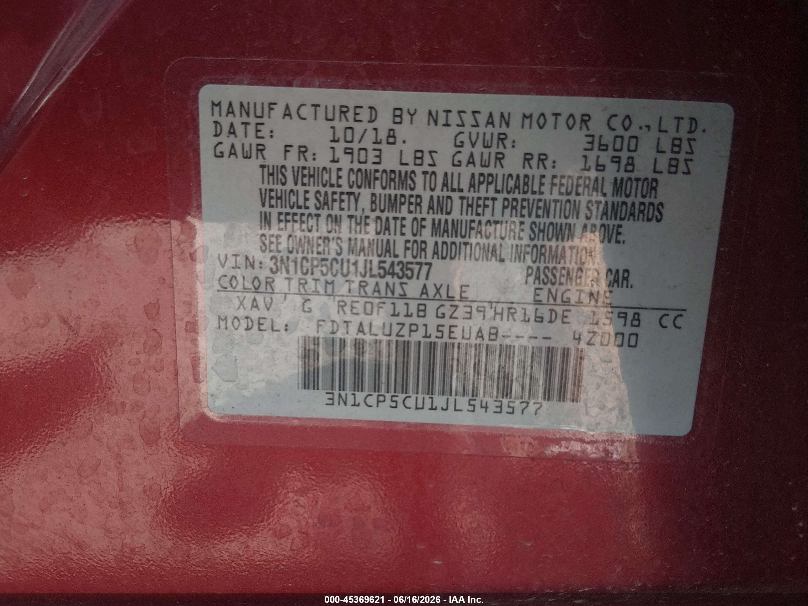 2018 Nissan Kicks VIN 3N1CP5CU1JL543577 IAAI salvage auction — Front End, Mv-907A (New York), sold $1,500 on 2026-07-12 (photo 9)