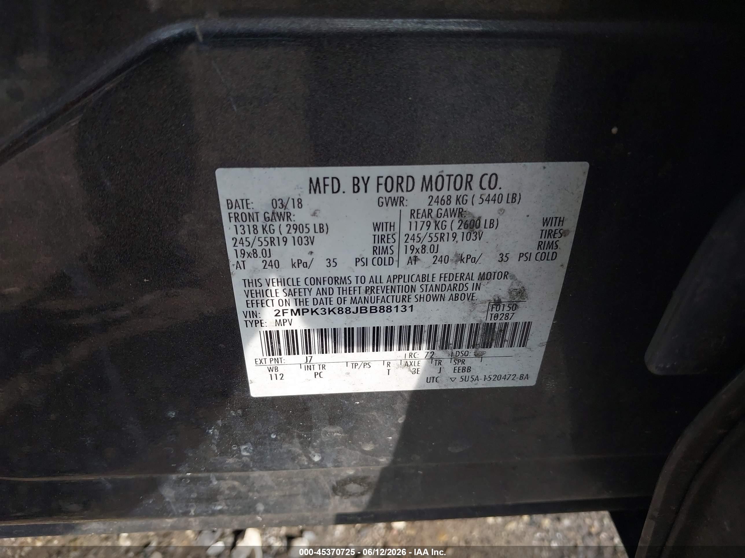 2018 Ford Edge VIN 2FMPK3K88JBB88131 IAAI salvage auction — Front End, Salvage (Pennsylvania), sold $650 on 2026-07-07 (photo 9)