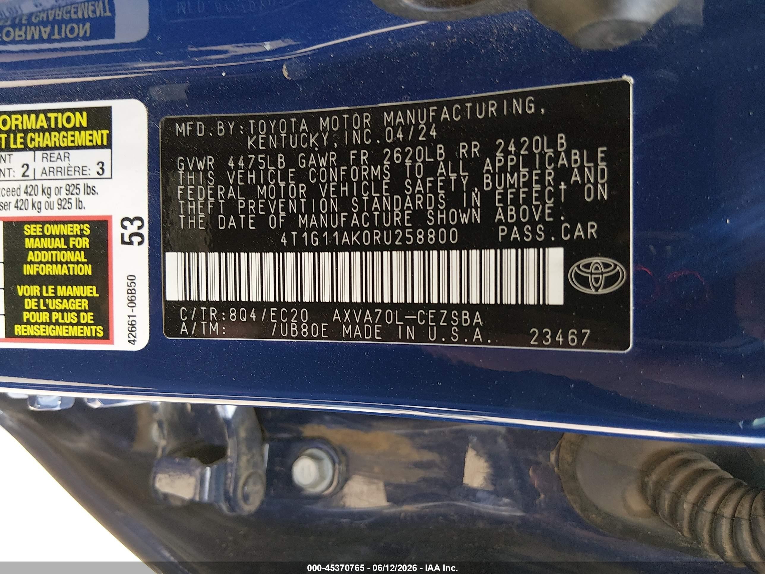 2024 Toyota Camry VIN 4T1G11AK0RU258800 IAAI salvage auction — Rear End, Salvage (Arizona), sold $7,550 on 2026-07-02 (photo 9)