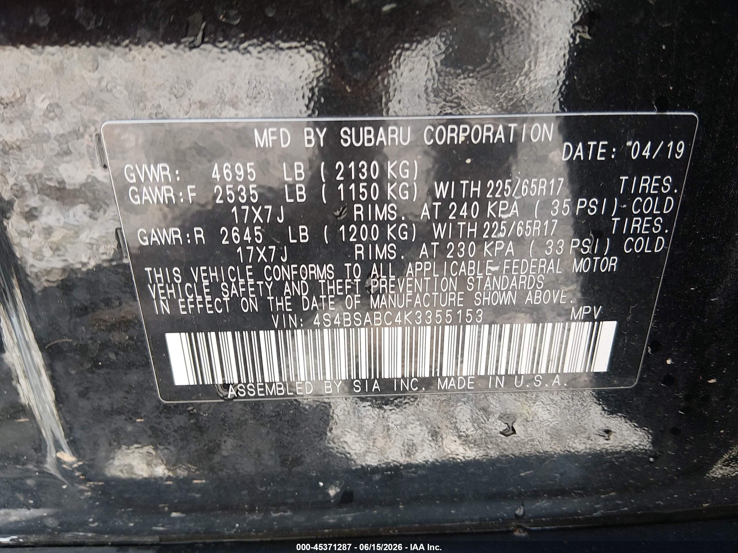 2019 Subaru Outback VIN 4S4BSABC4K3355153 IAAI salvage auction — Unknown, Salvage (West Virginia), sold $425 on 2026-09-09 (photo 9)