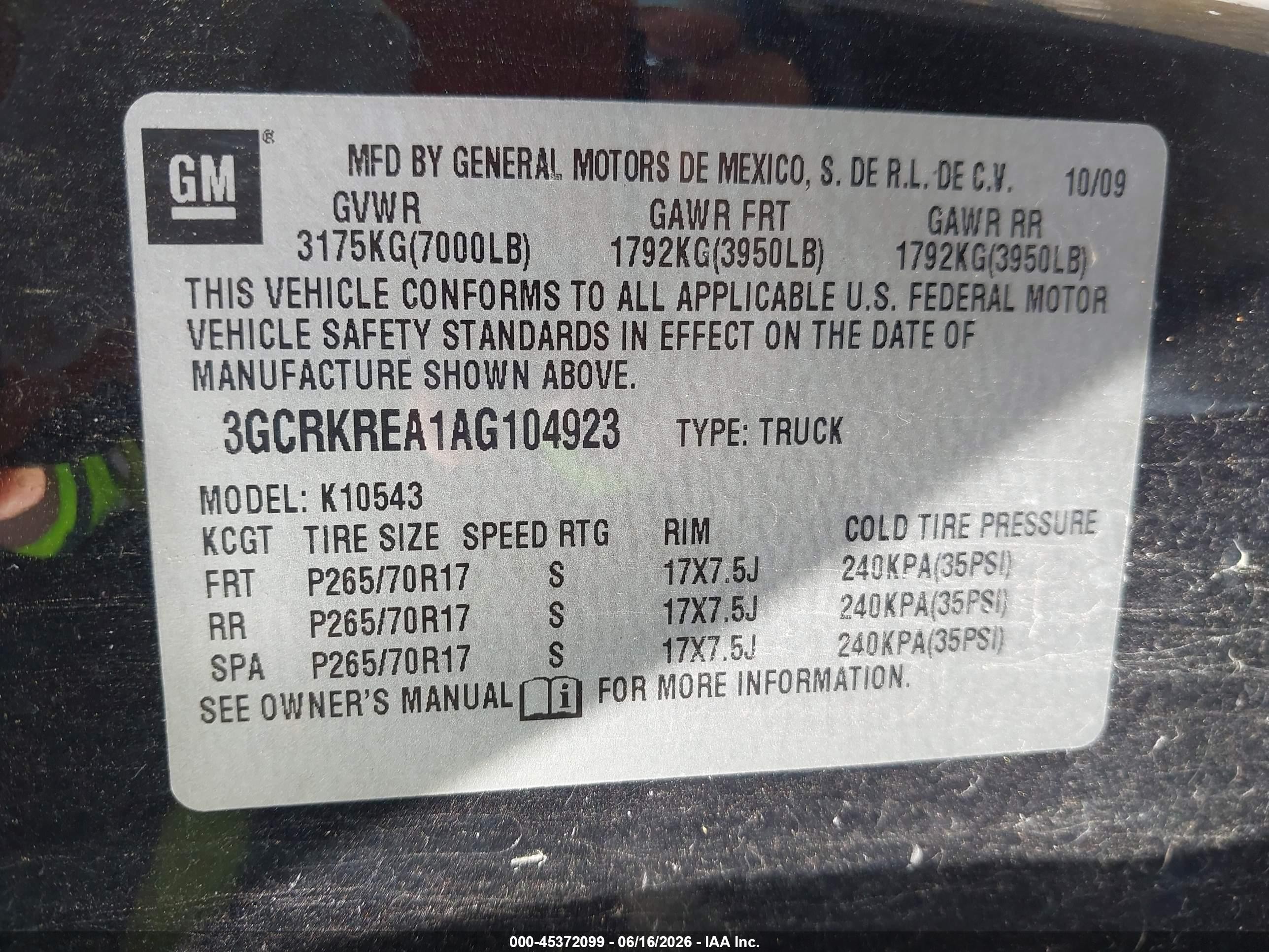 2010 Chevrolet Silverado 1500 VIN 3GCRKREA1AG104923 IAAI salvage auction — Hail, Salvage (Kansas), sold $2,750 on 2026-07-12 (photo 9)