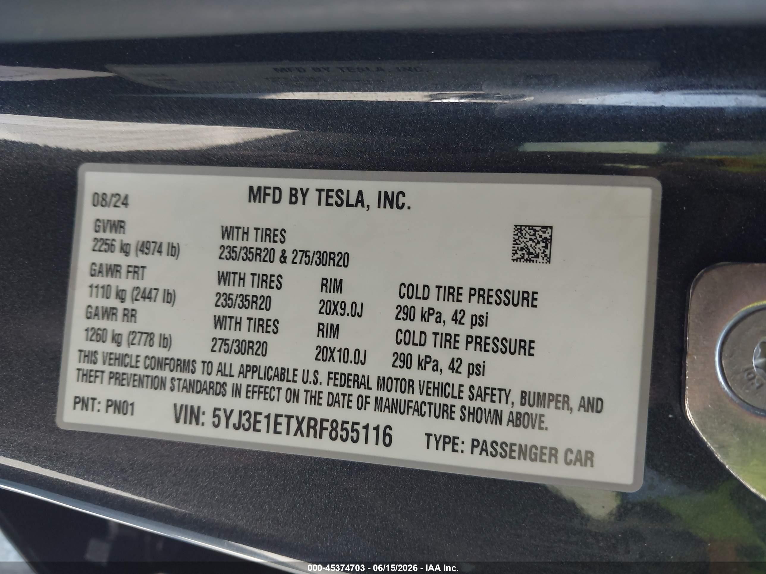 2024 Tesla Model 3 VIN 5YJ3E1ETXRF855116 IAAI salvage auction — Front End, Salvage (California), sold $13,400 on 2026-09-05 (photo 9)