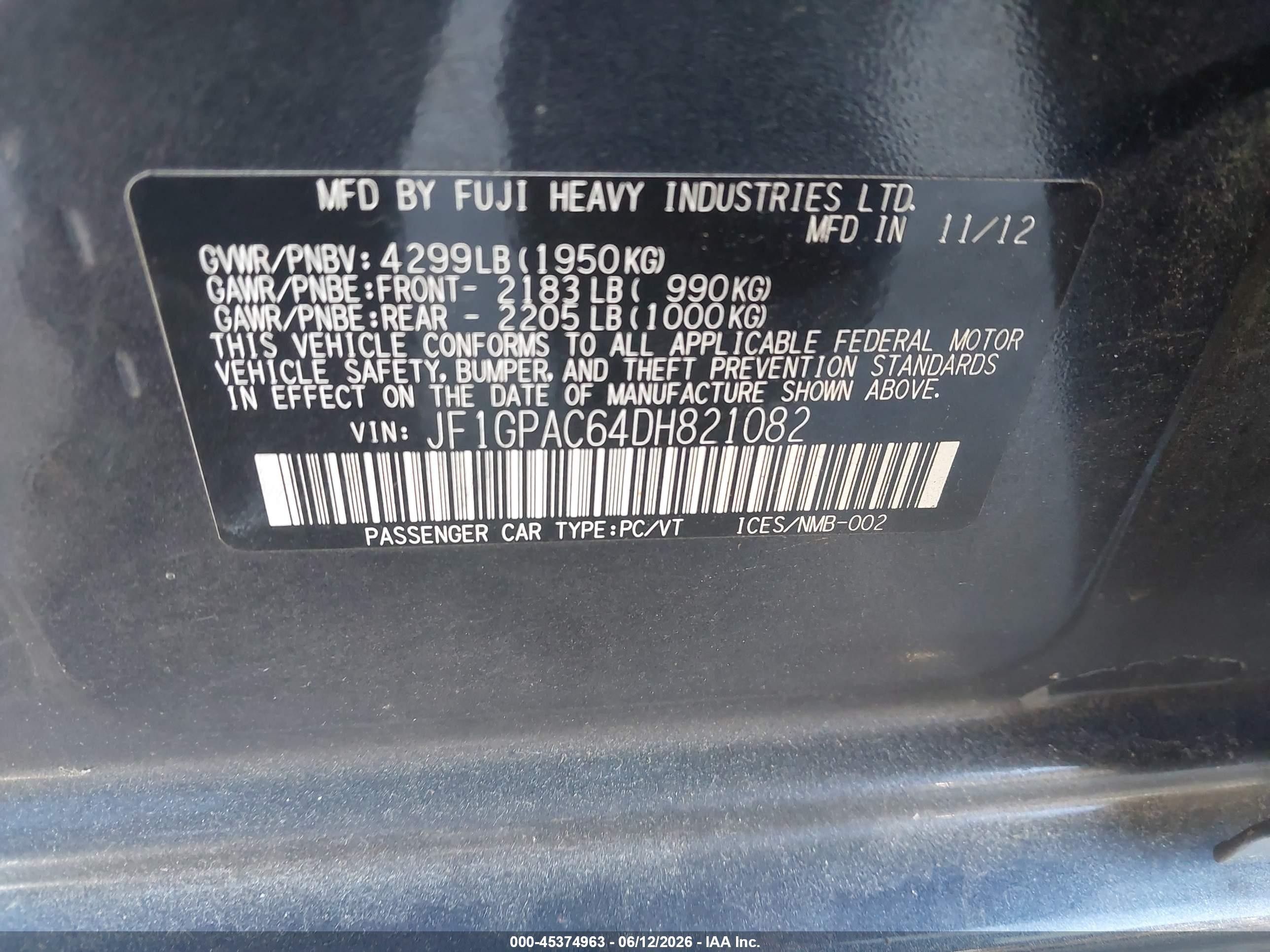 2013 Subaru Impreza VIN JF1GPAC64DH821082 IAAI salvage auction — Normal Wear, Salvage (California), sold $600 on 2026-07-09 (photo 9)