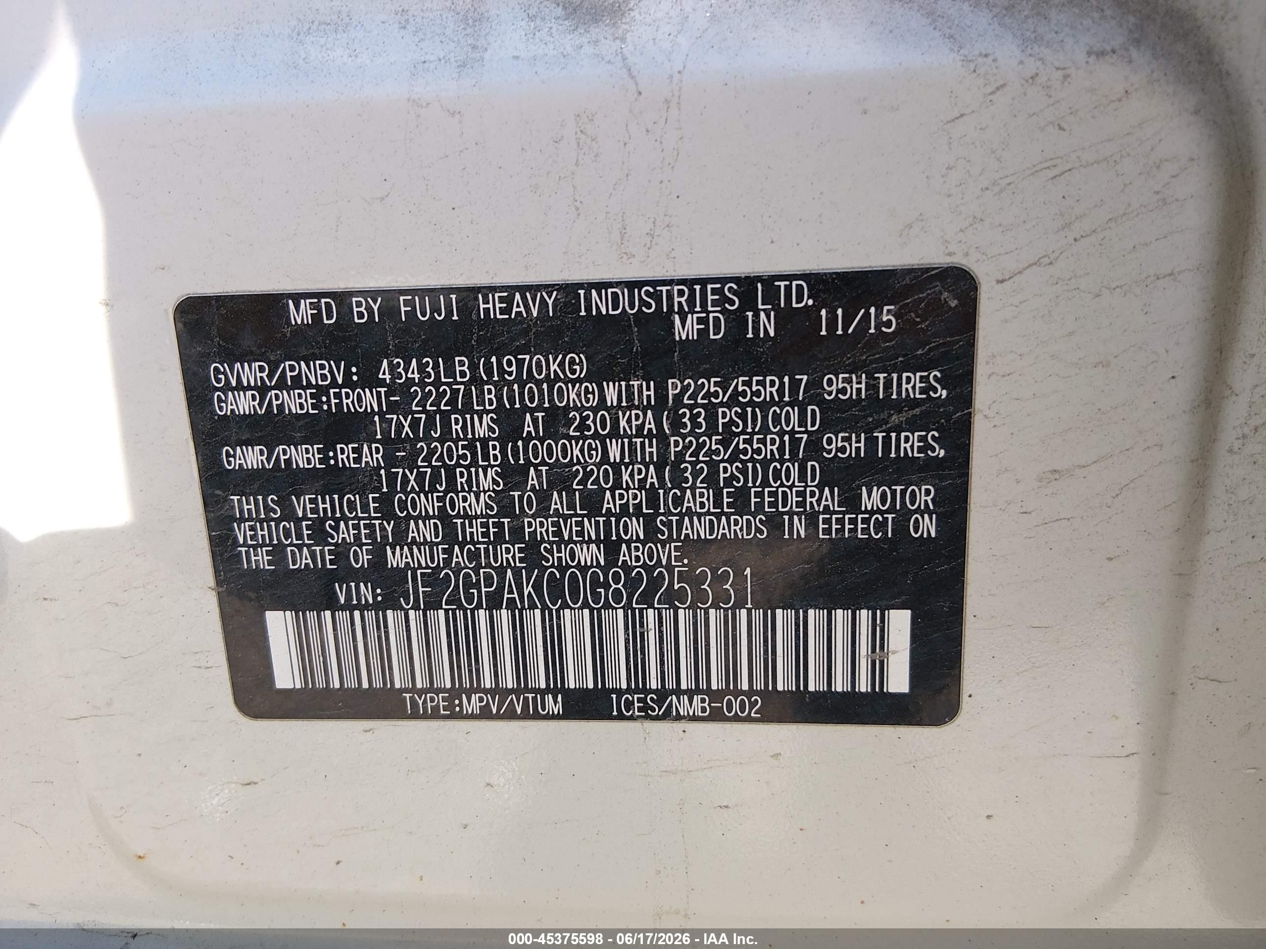 2016 Subaru VIN JF2GPAKC0G8225331 IAAI salvage auction — Side, Salvage (New Hampshire), sold $1,025 on 2026-09-09 (photo 9)