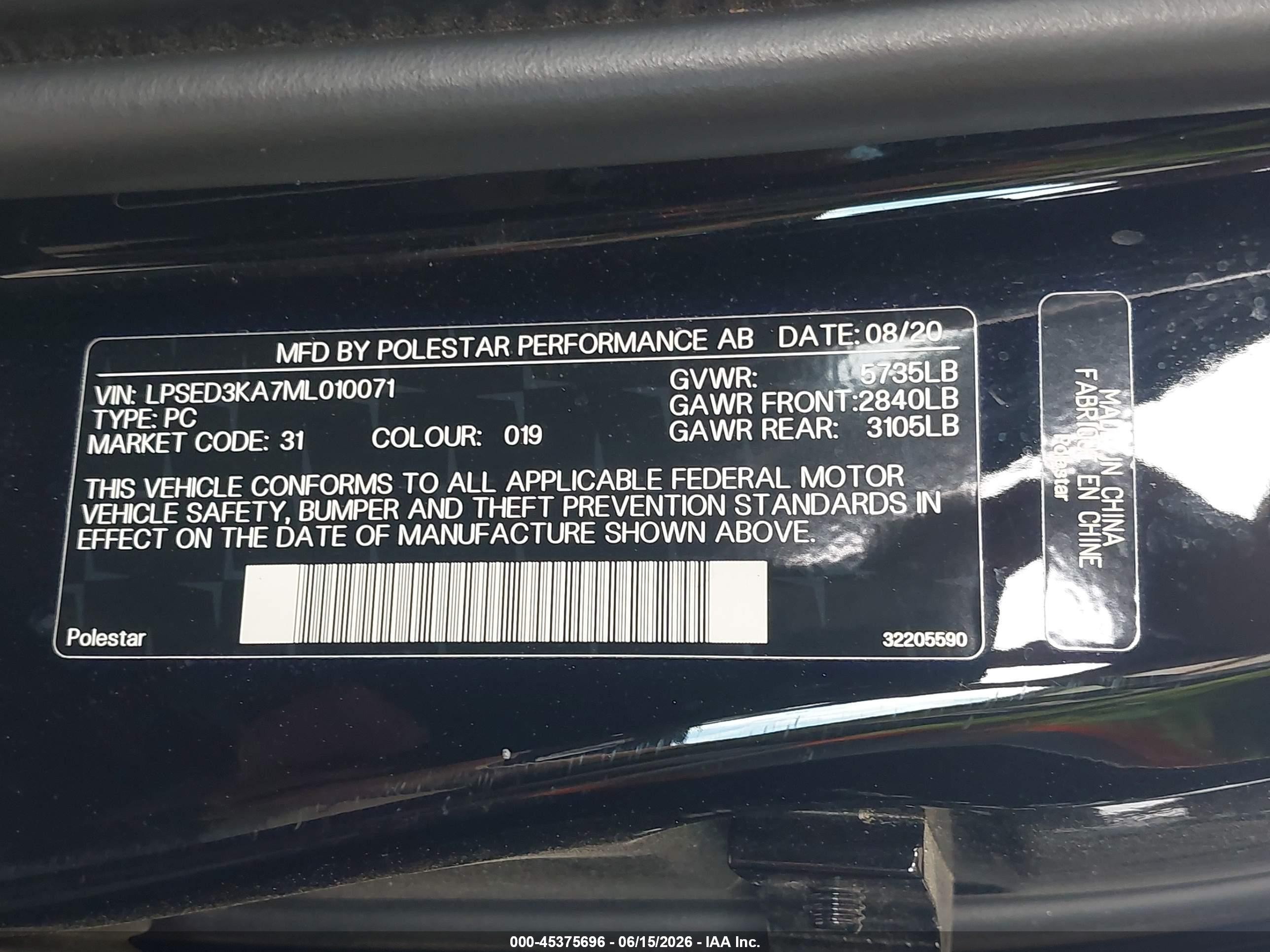 2021 Polestar 2 VIN LPSED3KA7ML010071 IAAI salvage auction — Side, Bill Of Sale (Washington), sold $9,800 on 2026-09-16 (photo 9)