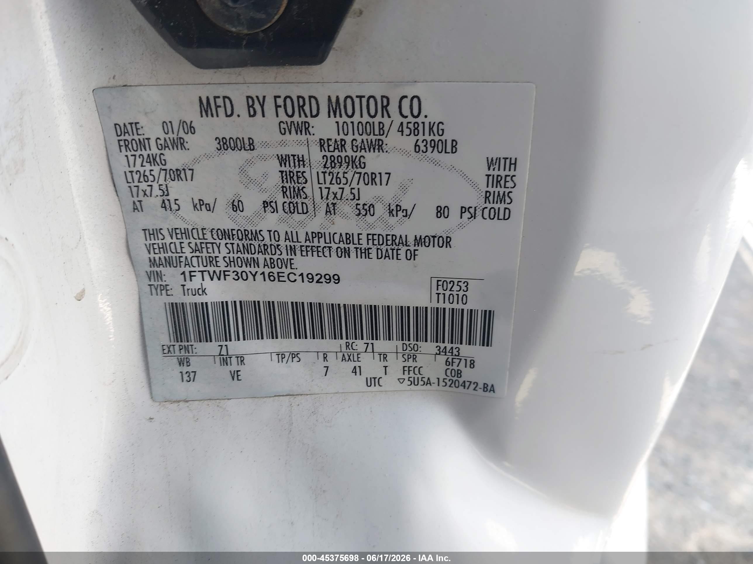 2006 Ford F-350 VIN 1FTWF30Y16EC19299 IAAI salvage auction — Front End, Salvage (California), sold $750 on 2026-07-09 (photo 9)