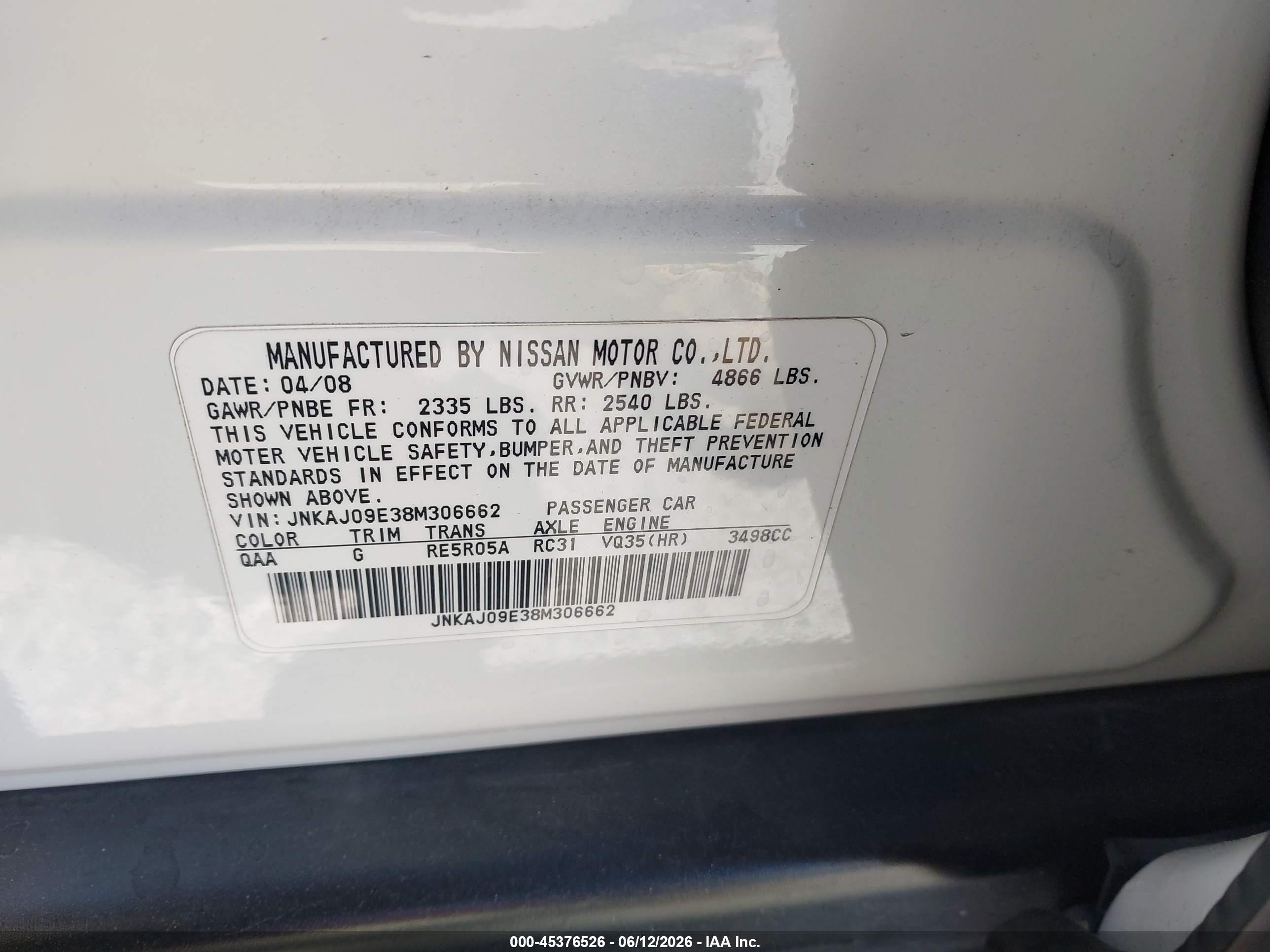 2008 Infiniti EX35 VIN JNKAJ09E38M306662 IAAI salvage auction — Front End, Salvage (California), sold $475 on 2026-07-09 (photo 9)