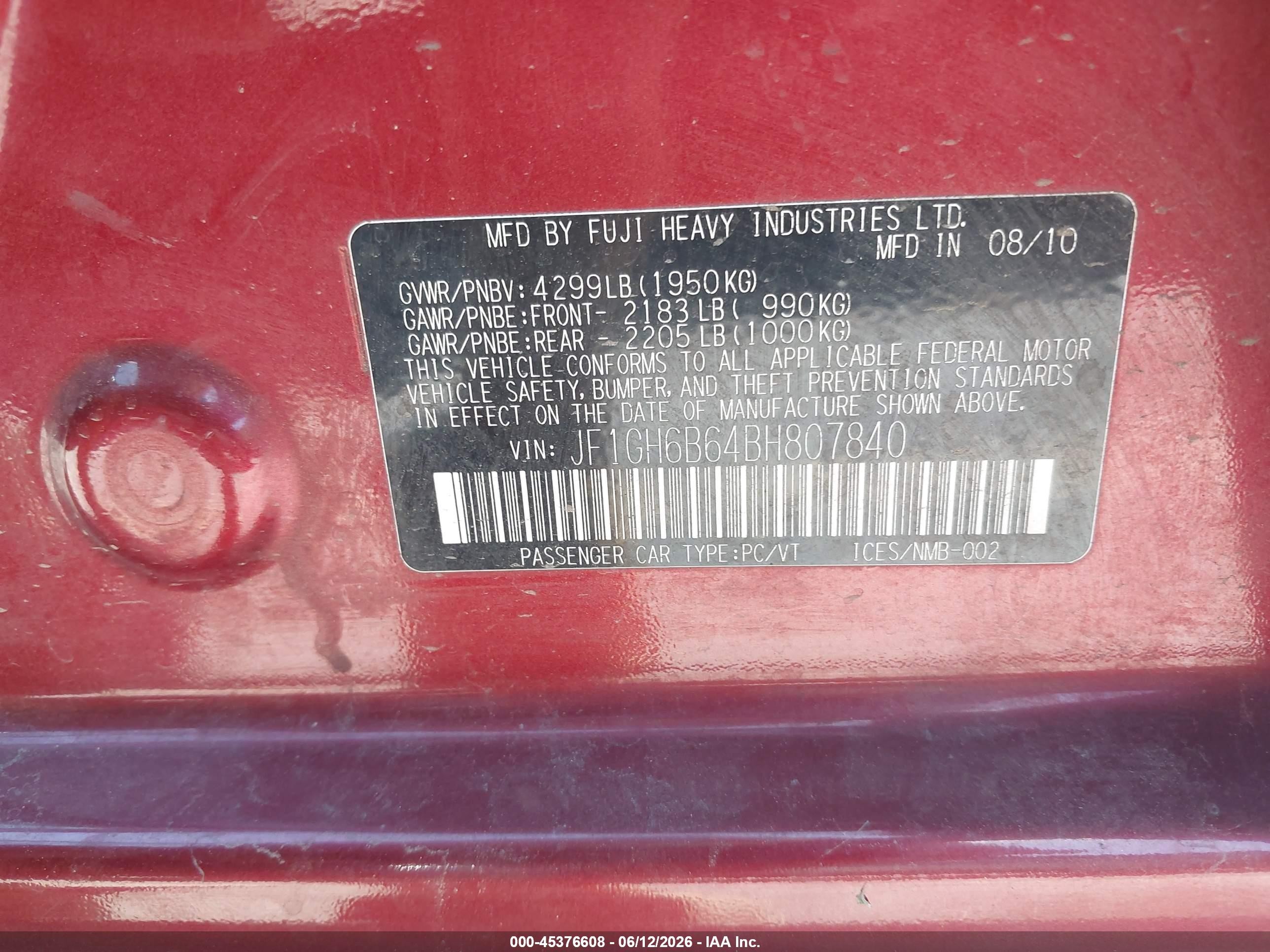 2011 Subaru Impreza VIN JF1GH6B64BH807840 IAAI salvage auction — Rear End, Salvage (Utah), sold $275 on 2026-07-09 (photo 9)