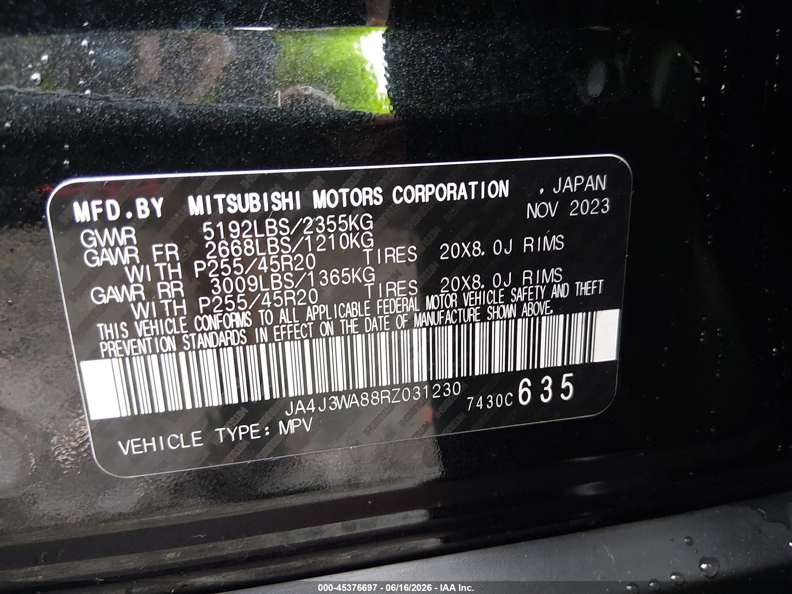 2024 Mitsubishi Outlander VIN JA4J3WA88RZ031230 IAAI salvage auction — Front End, Salvage (Louisiana), sold $6,600 on 2026-09-13 (photo 9)