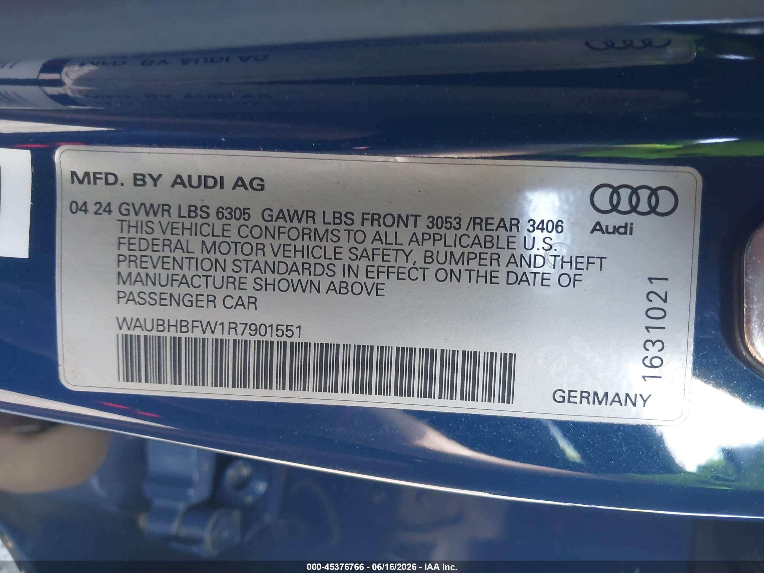 2024 Audi Rs e-tron gt VIN WAUBHBFW1R7901551 IAAI salvage auction — Side, Salvage (Idaho), sold $36,000 on 2026-08-14 (photo 9)