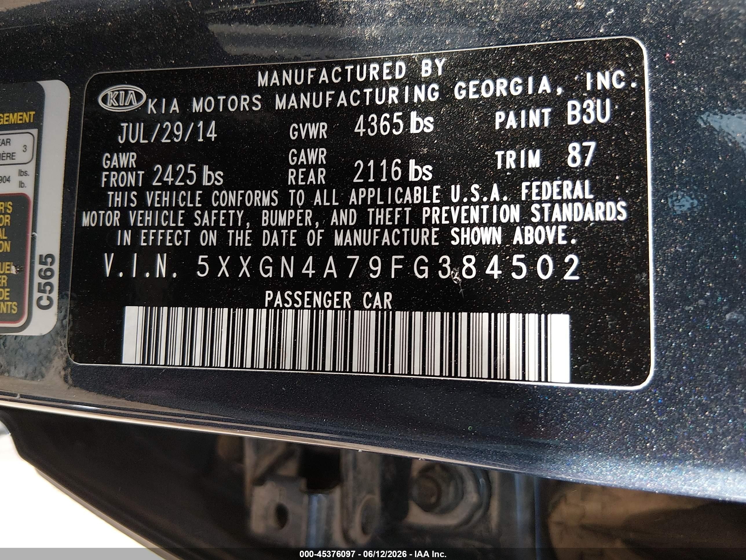 2015 Kia Optima VIN 5XXGN4A79FG384502 IAAI salvage auction — Unknown, Salvage (Arizona), sold $975 on 2026-07-09 (photo 9)