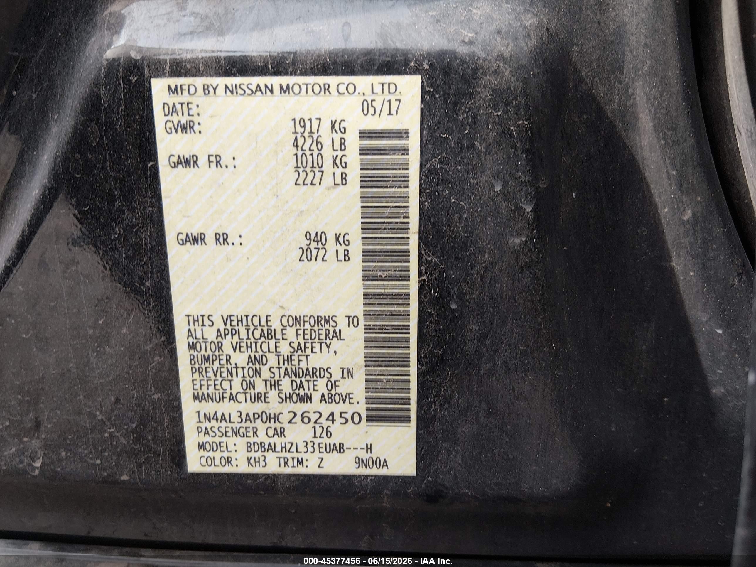 2017 Nissan Altima VIN 1N4AL3AP0HC262450 IAAI salvage auction — Rear End, Salvage (Texas), sold $975 on 2026-09-14 (photo 9)