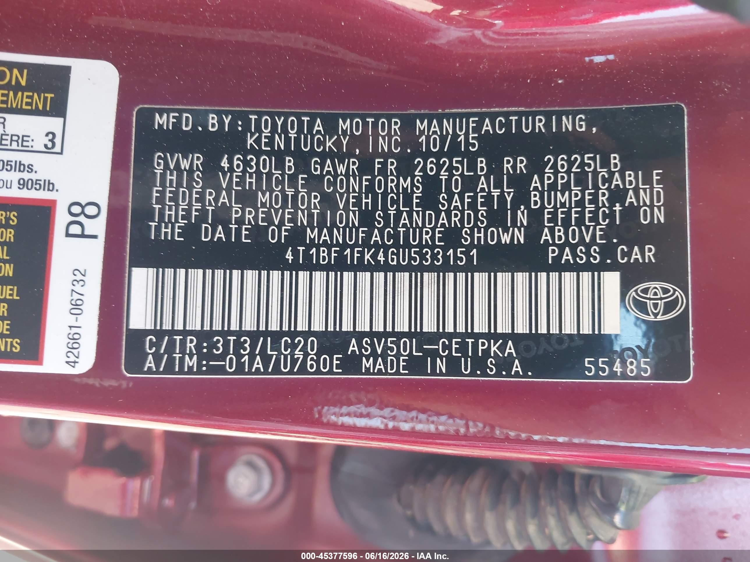2016 Toyota Camry VIN 4T1BF1FK4GU533151 IAAI salvage auction — Side, Salvage (Utah), sold $5,600 on 2026-07-09 (photo 9)