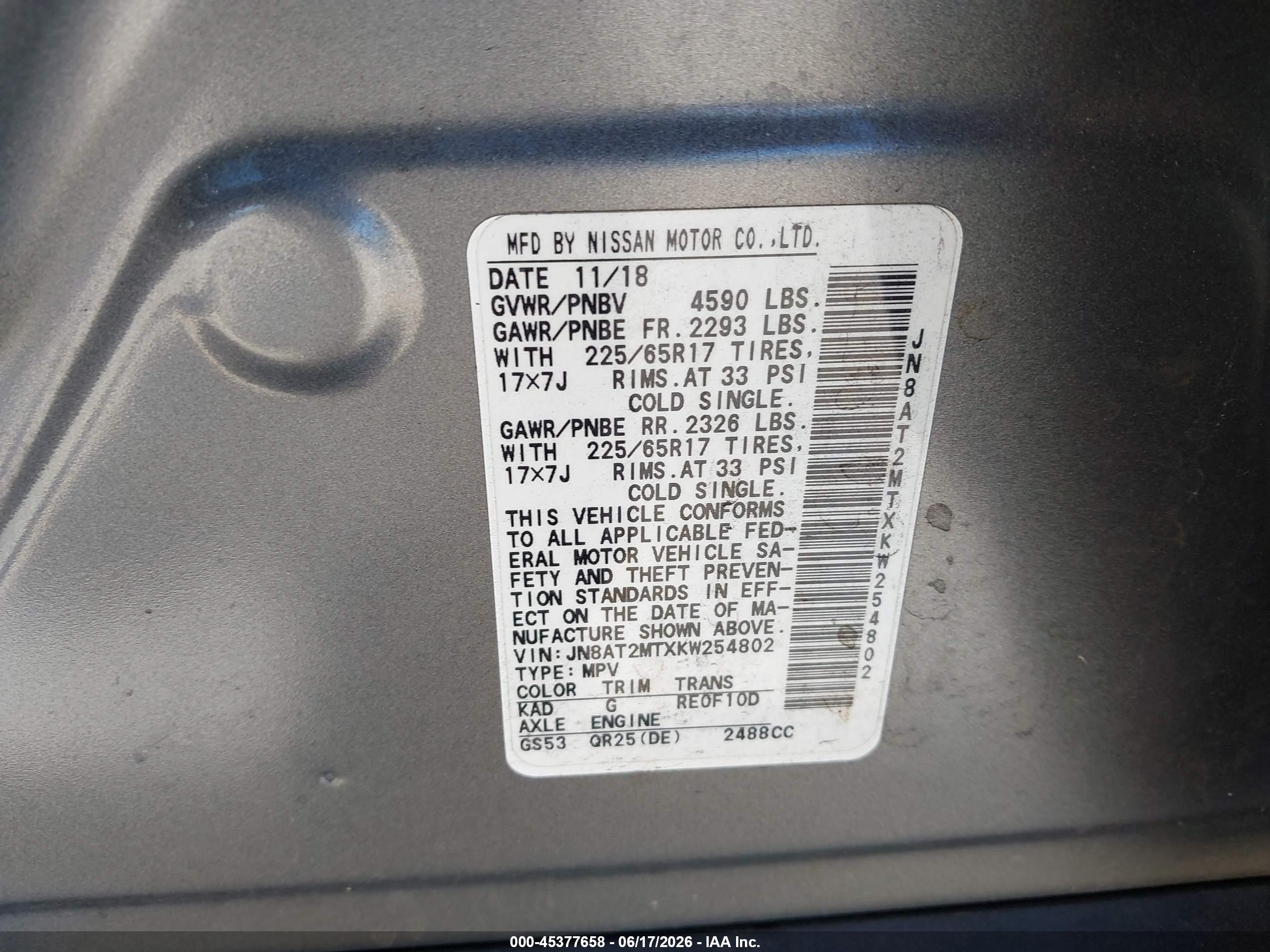 2019 Nissan Rogue VIN JN8AT2MTXKW254802 IAAI salvage auction — Rear End, Salvage (California), sold $2,050 on 2026-07-09 (photo 9)