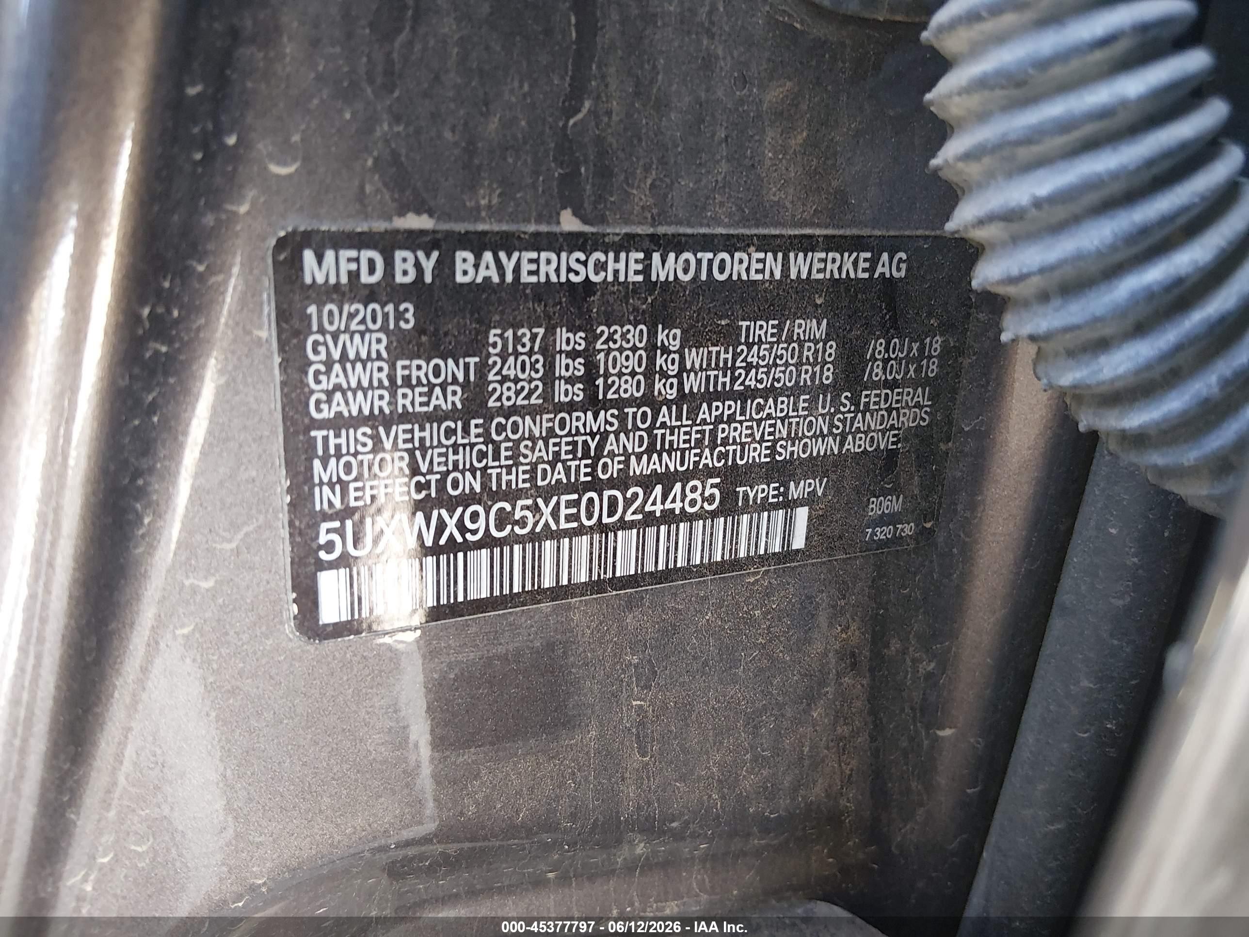 2014 BMW X3 VIN 5UXWX9C5XE0D24485 IAAI salvage auction — Rear End, Salvage (California), sold $1,950 on 2026-07-12 (photo 9)