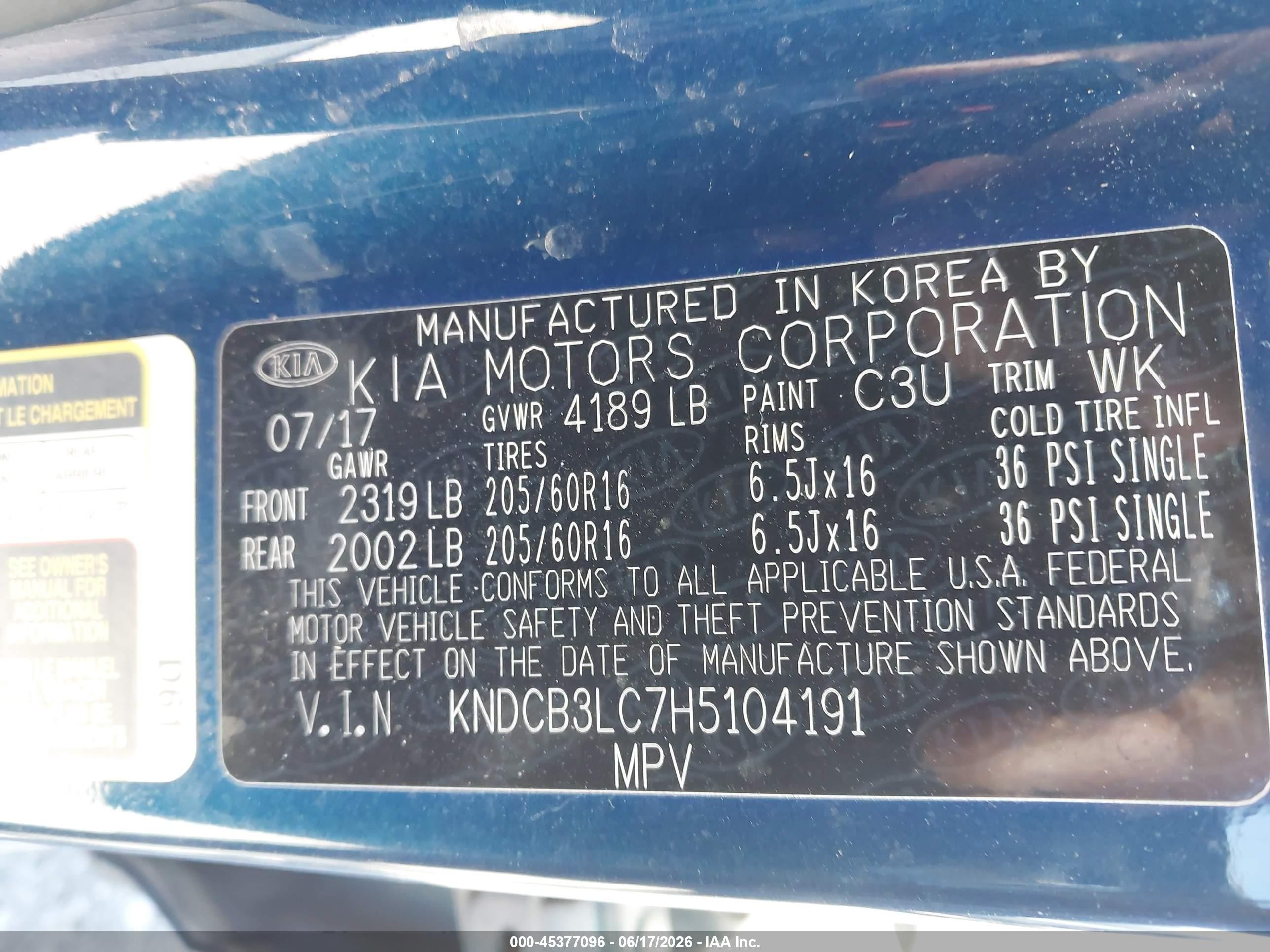2017 Kia Niro VIN KNDCB3LC7H5104191 IAAI salvage auction — Side, Salvage (Arizona), sold $2,250 on 2026-06-25 (photo 9)