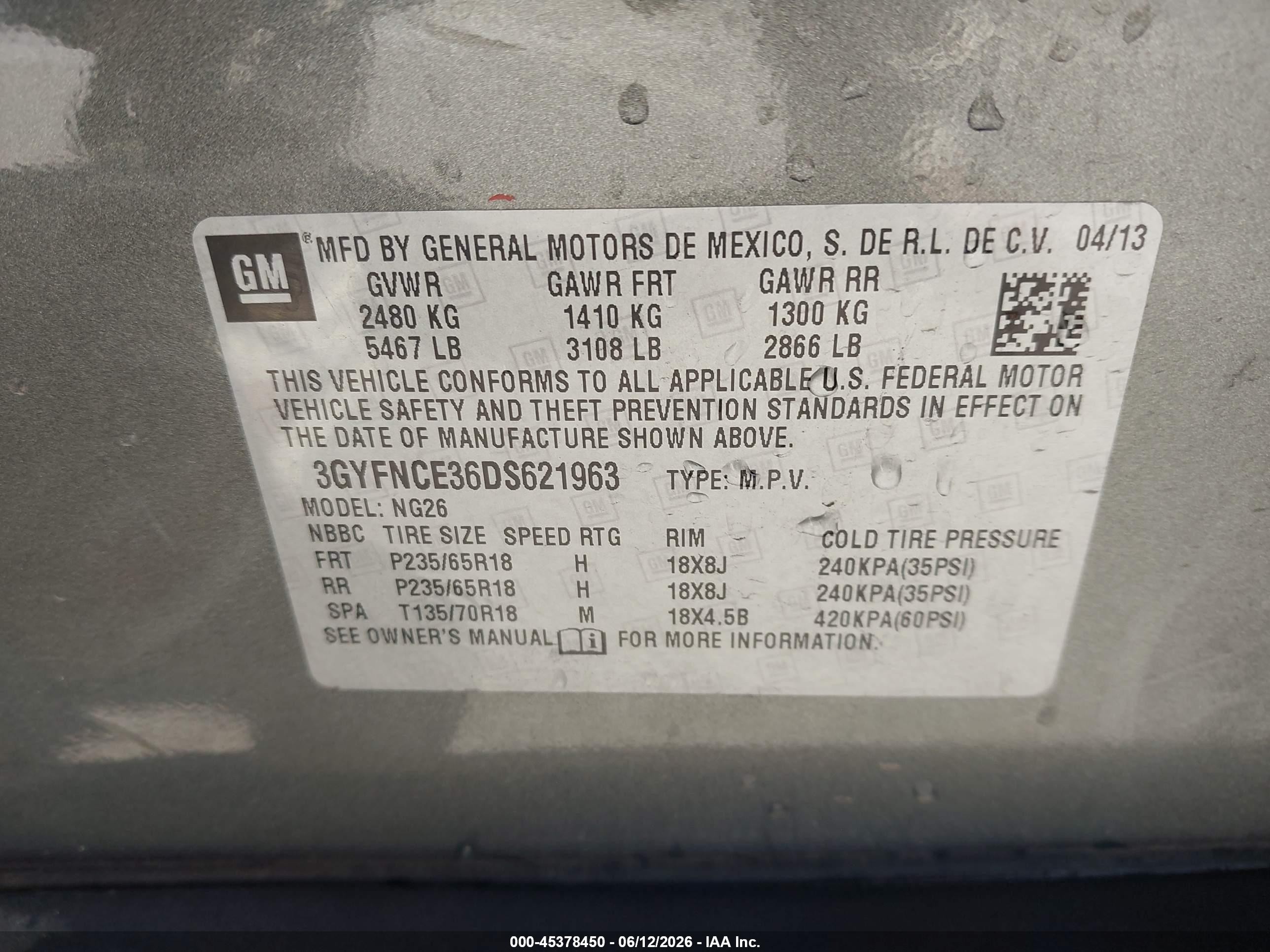 2013 Cadillac SRX VIN 3GYFNCE36DS621963 IAAI salvage auction — Normal Wear, Duplicate Paperwork (California), sold $300 on 2026-07-02 (photo 9)