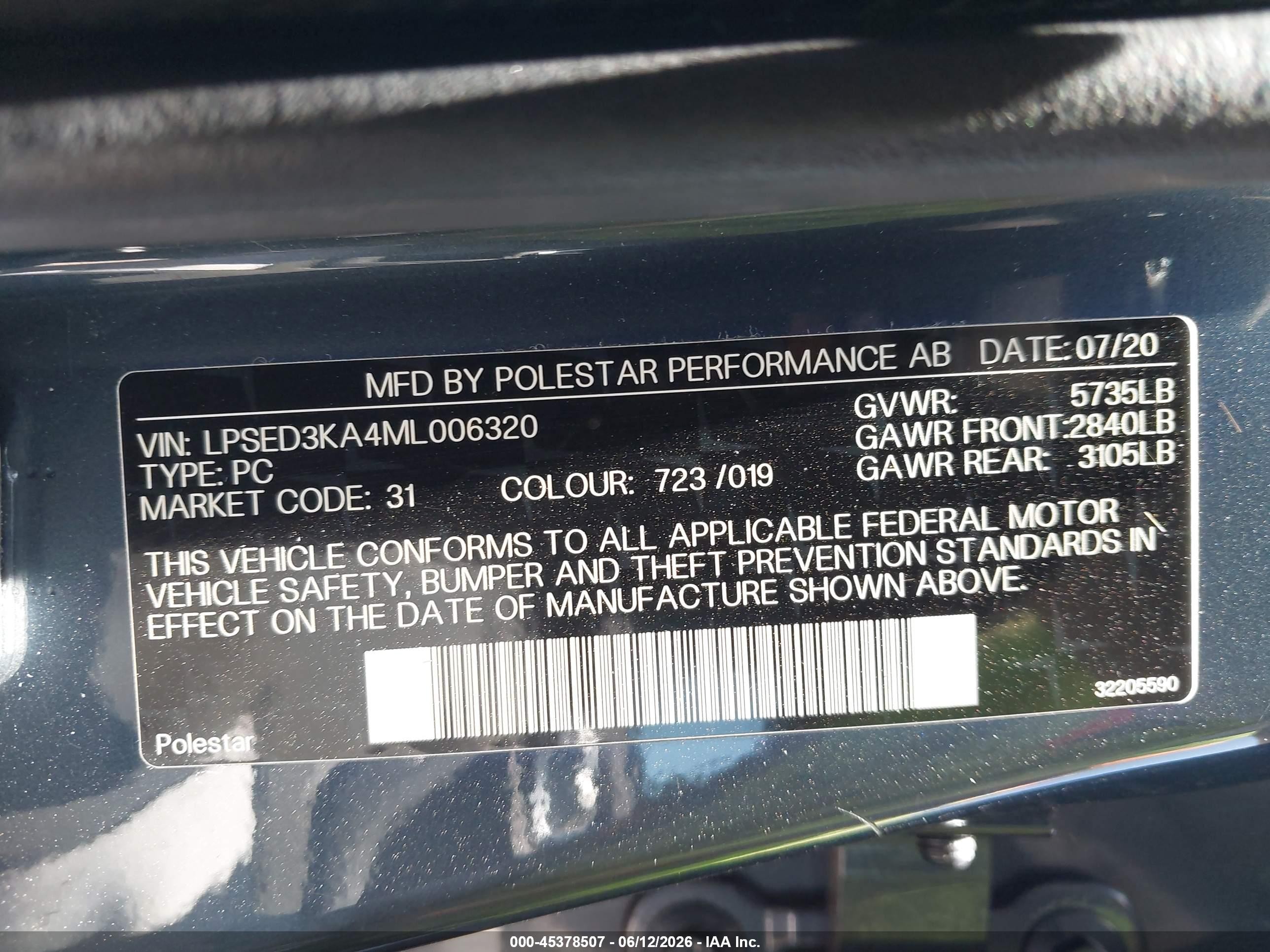 2021 Polestar 2 VIN LPSED3KA4ML006320 IAAI salvage auction — Unknown, Salvage (California), sold $7,200 on 2026-09-26 (photo 9)